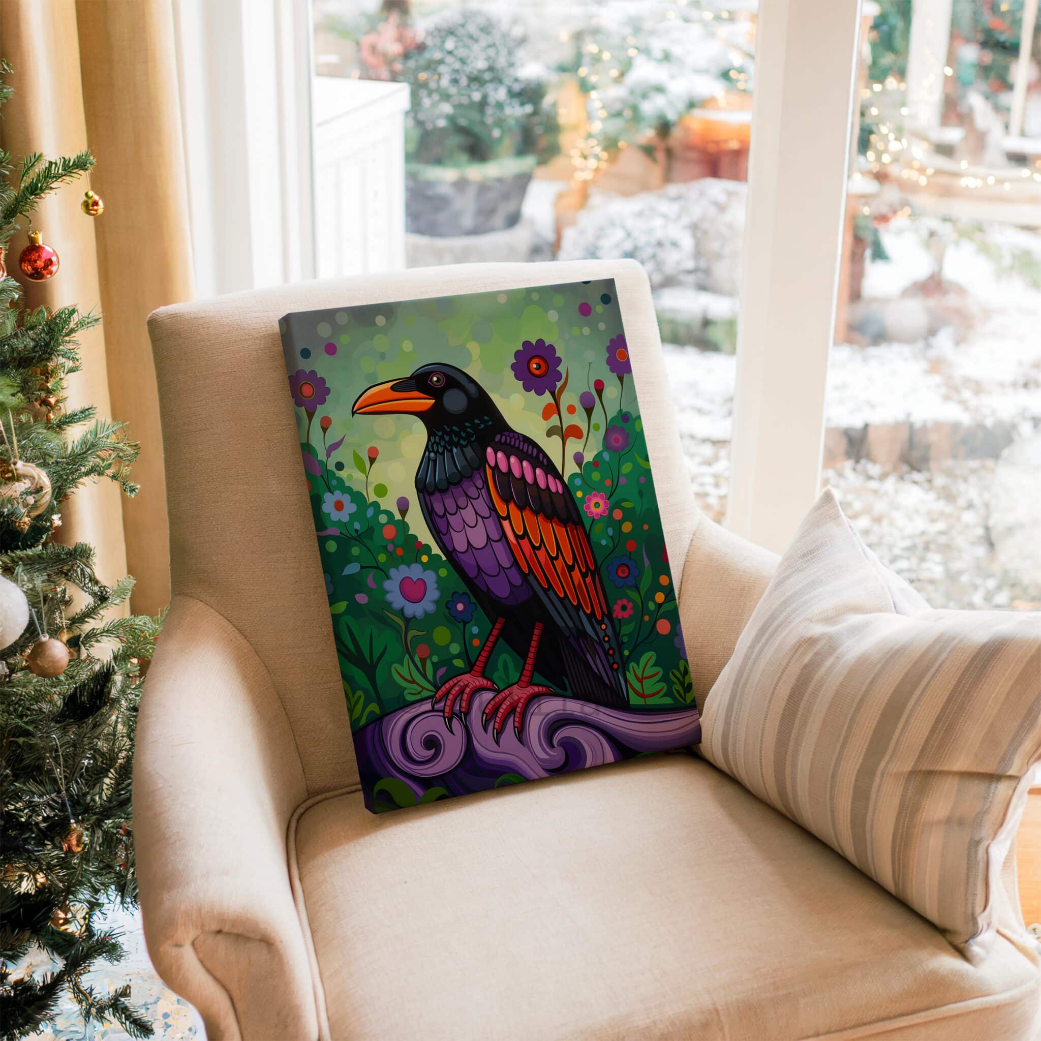 Crow Wall Art Colorful Bird Illustration Pacific Northwest Inspired Wildlife Decor, Statement Canvas Print Living Room Accent - photo #17
