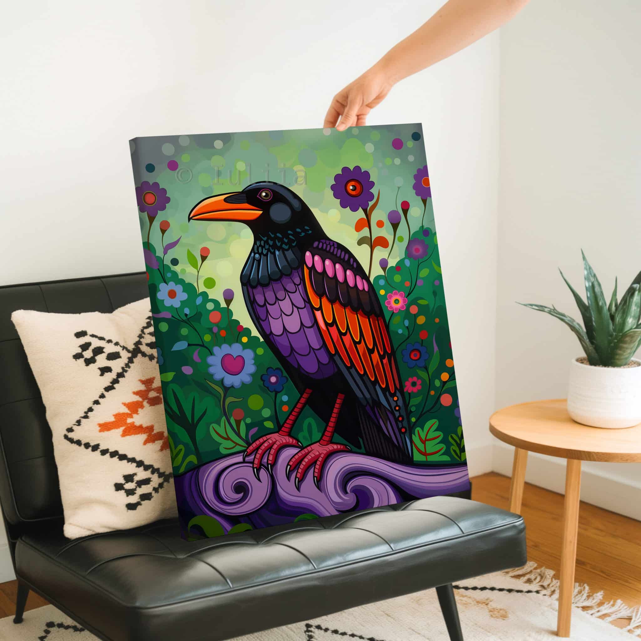 Crow Wall Art Colorful Bird Illustration Pacific Northwest Inspired Wildlife Decor, Statement Canvas Print Living Room Accent - photo #2