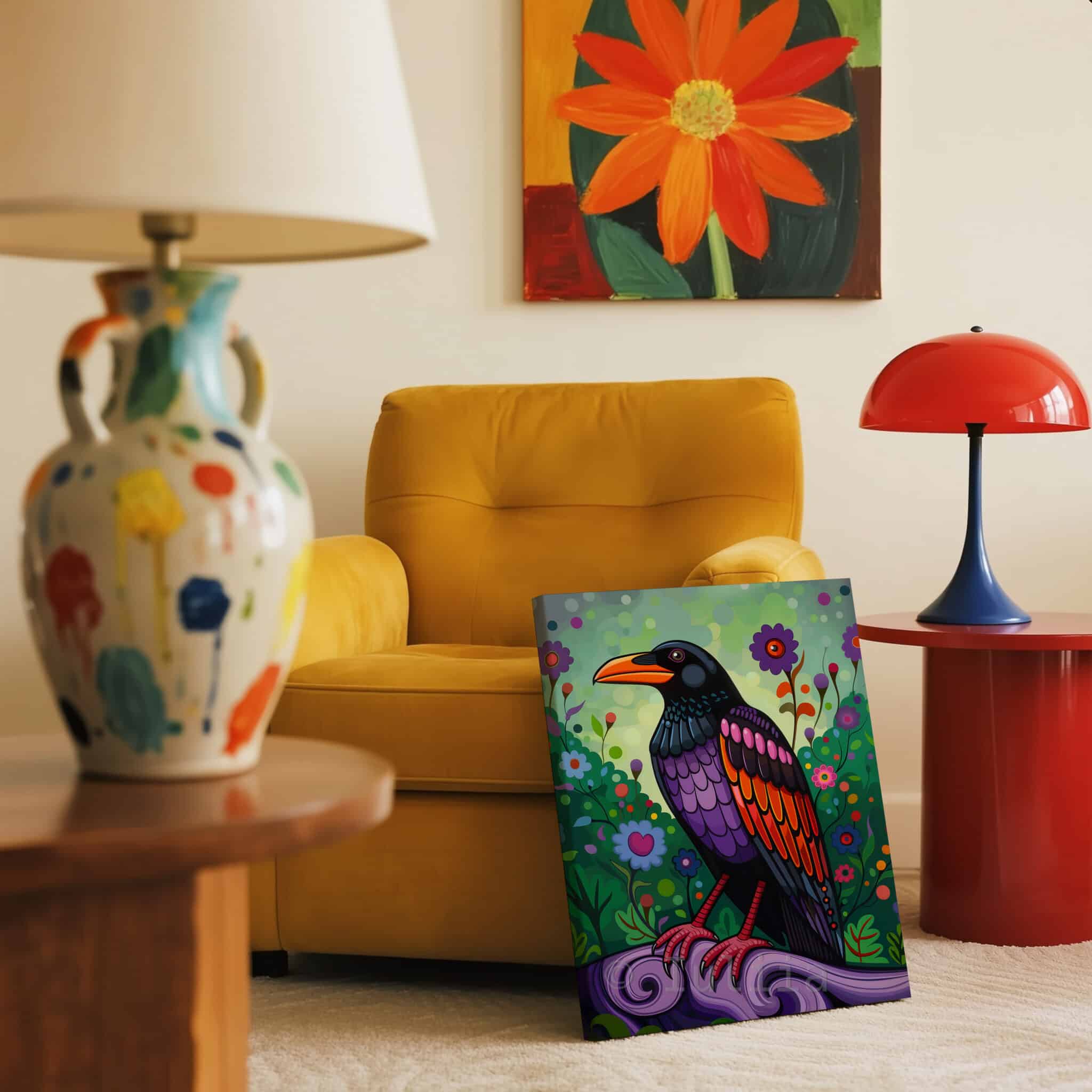 Crow Wall Art Colorful Bird Illustration Pacific Northwest Inspired Wildlife Decor, Statement Canvas Print Living Room Accent - photo #12