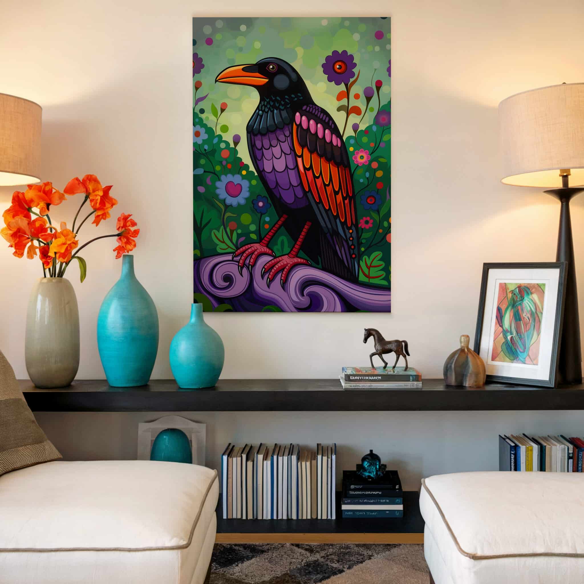Crow Wall Art Colorful Bird Illustration Pacific Northwest Inspired Wildlife Decor, Statement Canvas Print Living Room Accent - photo #18