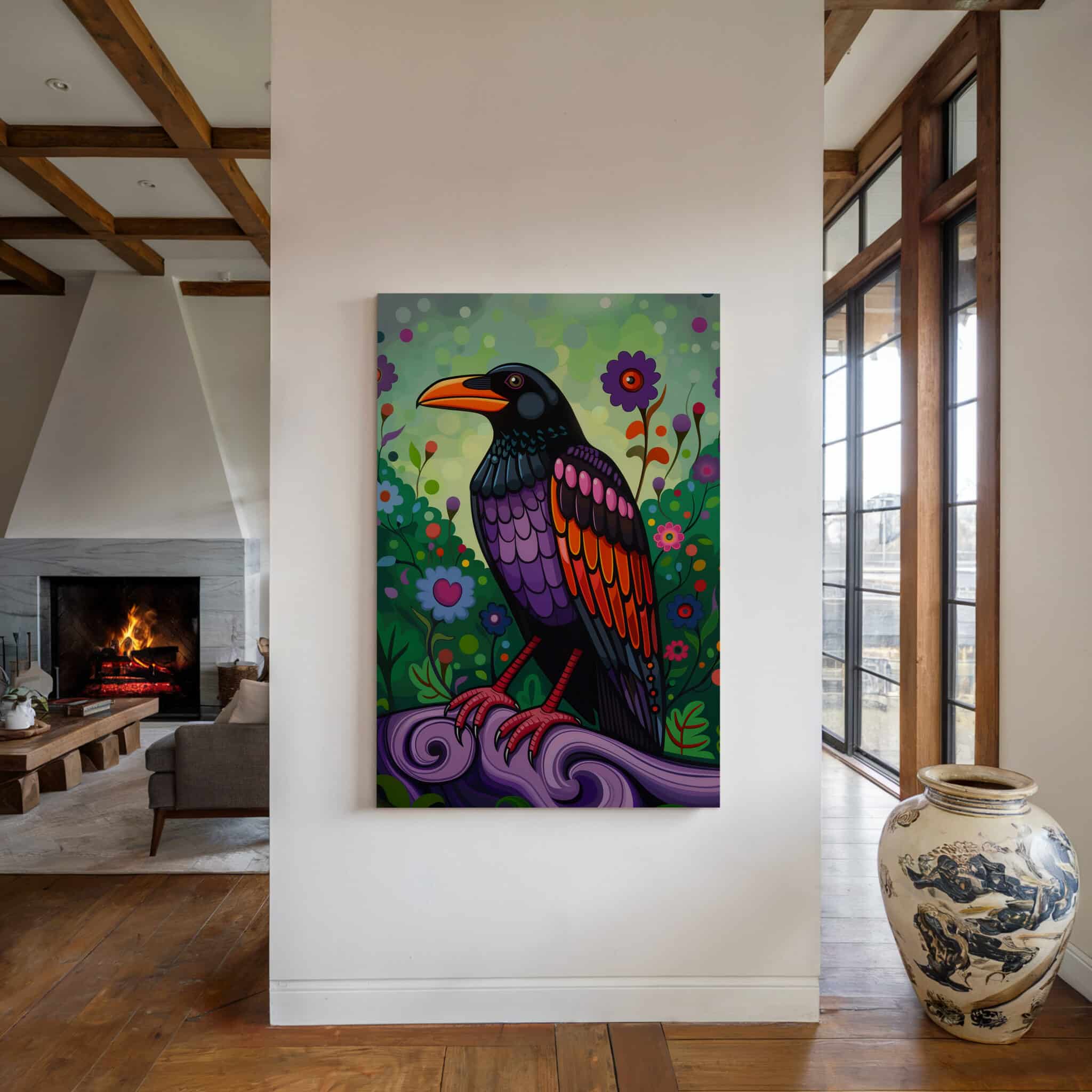 Crow Wall Art Colorful Bird Illustration Pacific Northwest Inspired Wildlife Decor, Statement Canvas Print Living Room Accent - photo #4