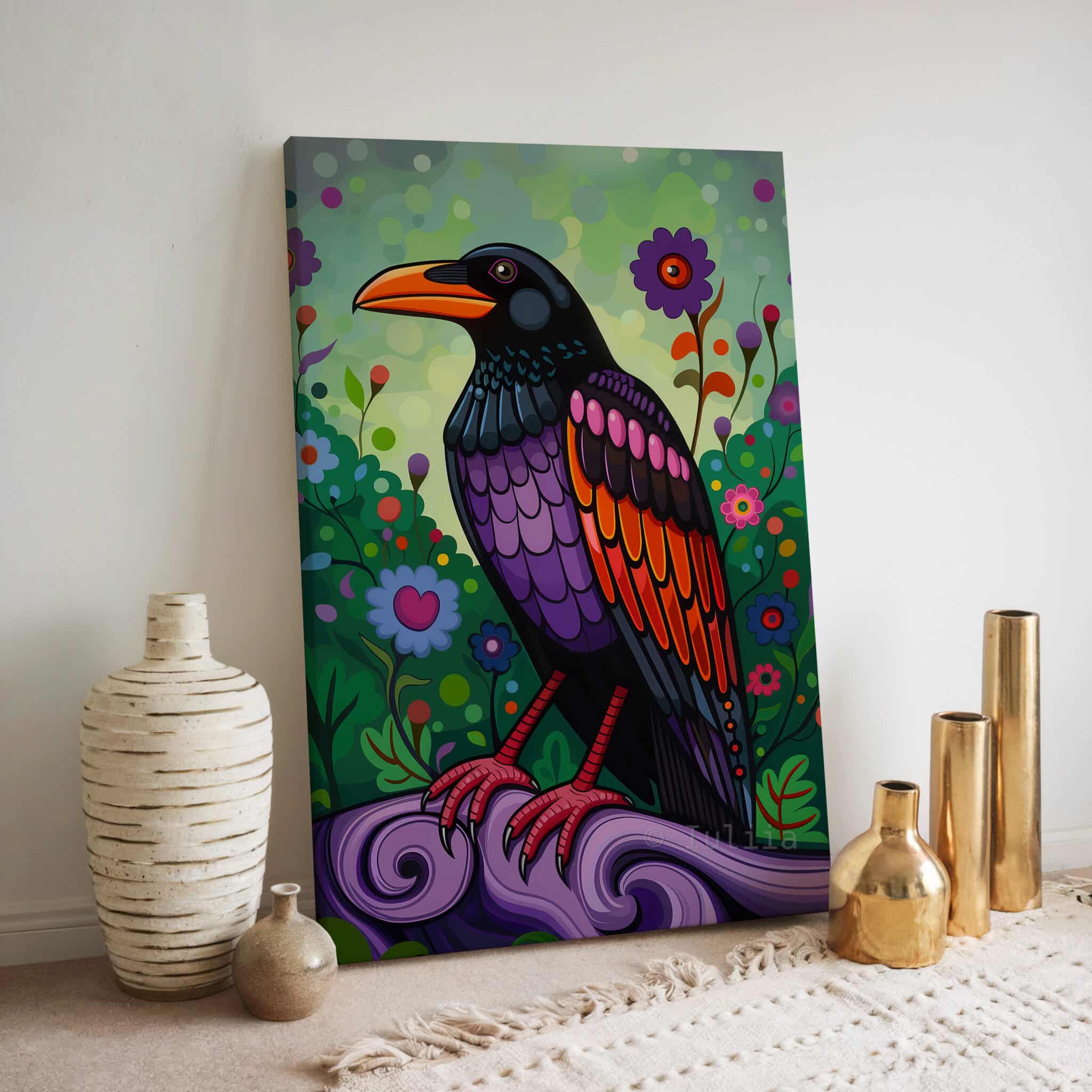 Crow Wall Art Colorful Bird Illustration Pacific Northwest Inspired Wildlife Decor, Statement Canvas Print Living Room Accent - photo #15