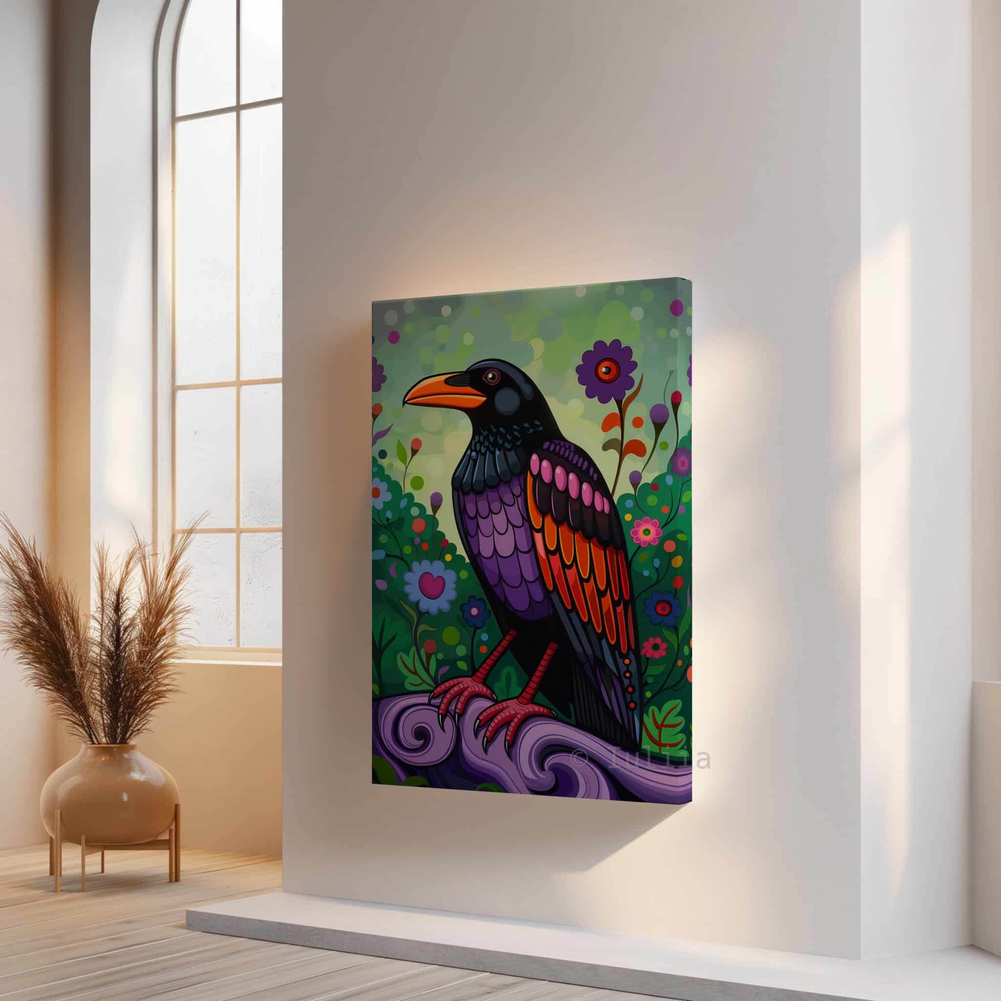 Crow Wall Art Colorful Bird Illustration Pacific Northwest Inspired Wildlife Decor, Statement Canvas Print Living Room Accent - photo #14