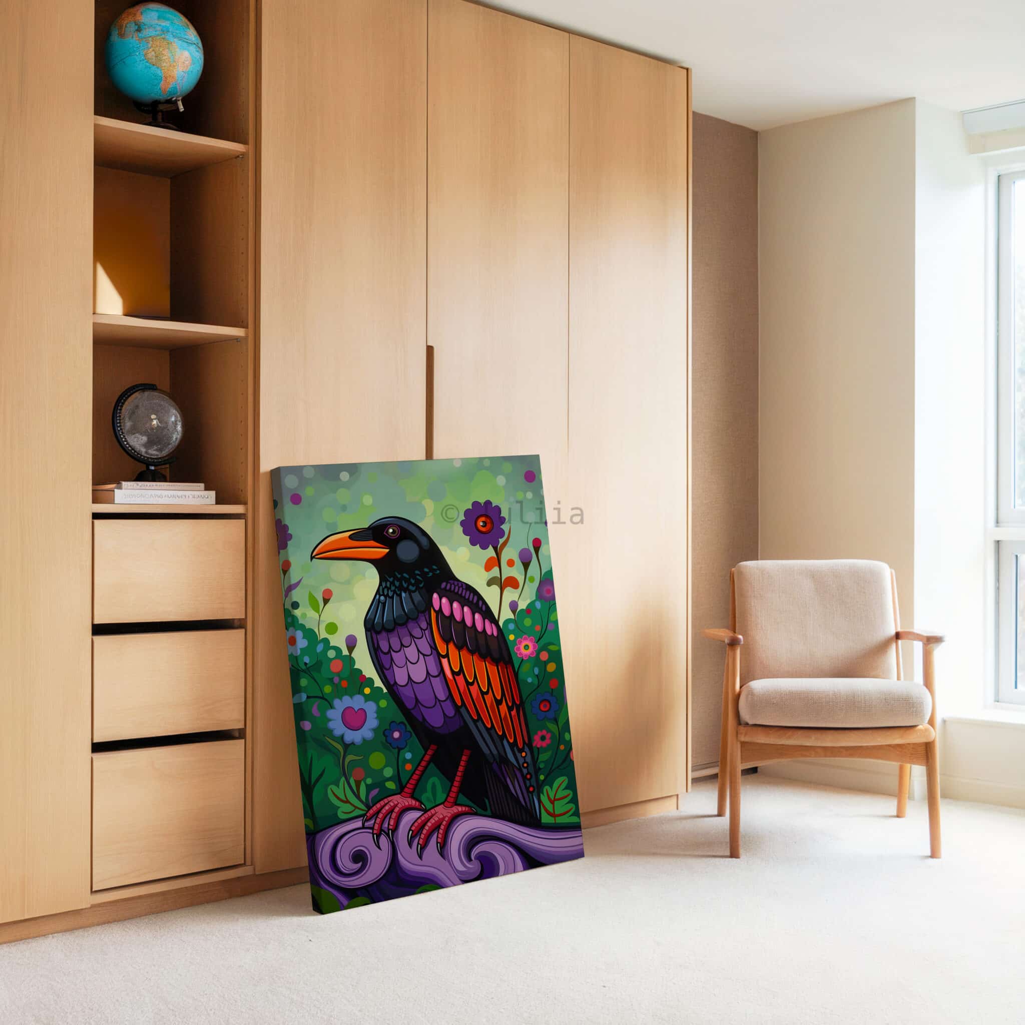 Crow Wall Art Colorful Bird Illustration Pacific Northwest Inspired Wildlife Decor, Statement Canvas Print Living Room Accent - photo #3