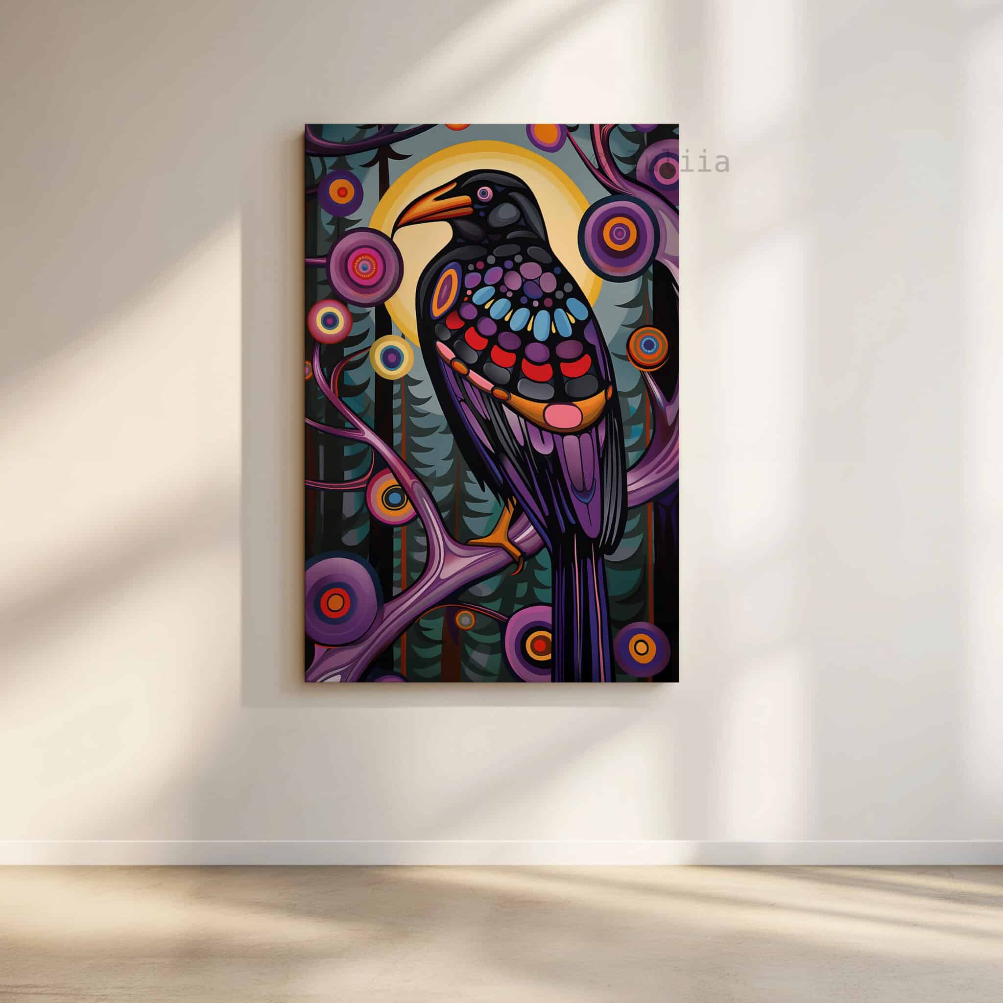 Raven Bird Wall Art, Canadian Forest Inspired Wildlife Portrait Artwork, Colorful Woodland Decor, Statement Piece for Nature Lovers