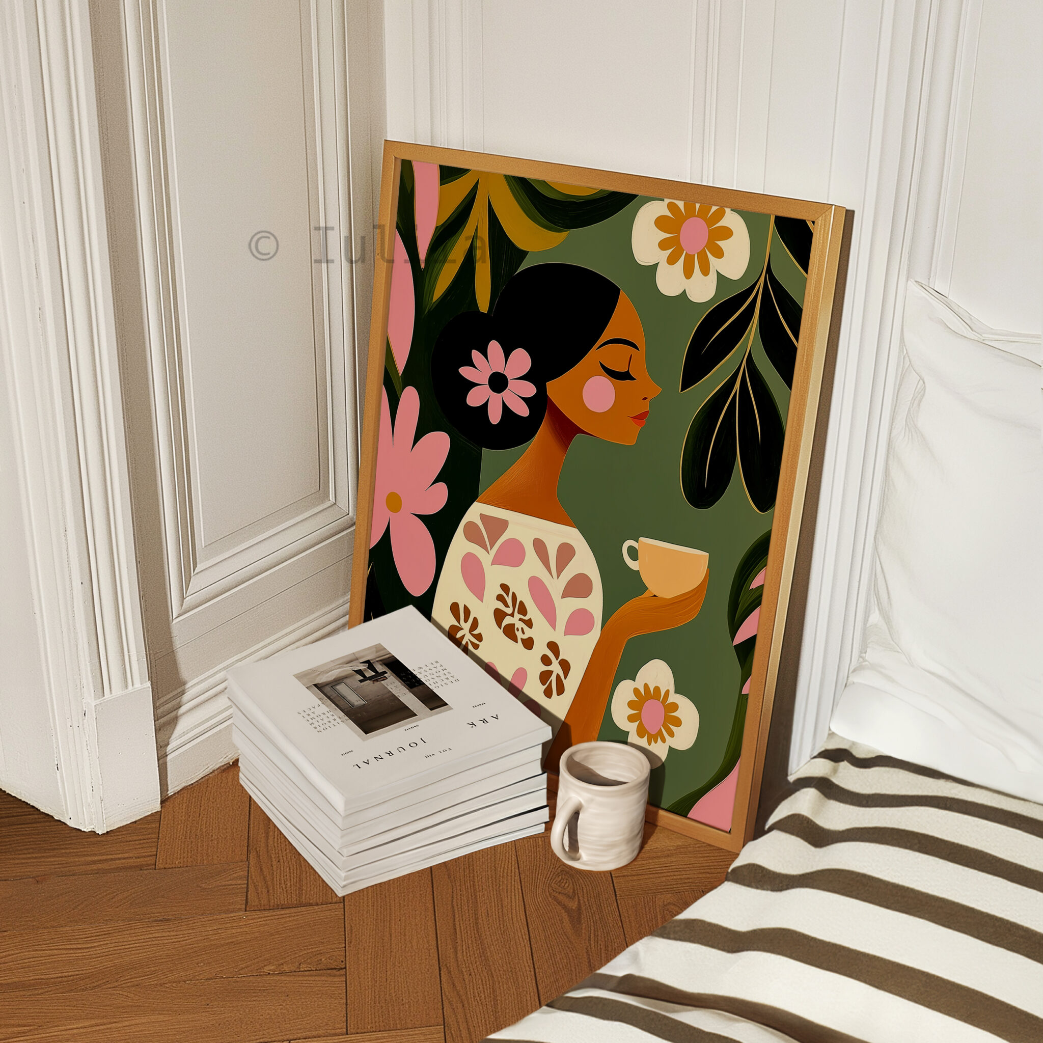 Woman with Tea Cup Print, Woman Portrait Art, Cozy Botanical Decor for Reading Nook, Kitchen Corner and Bedroom - photo #4