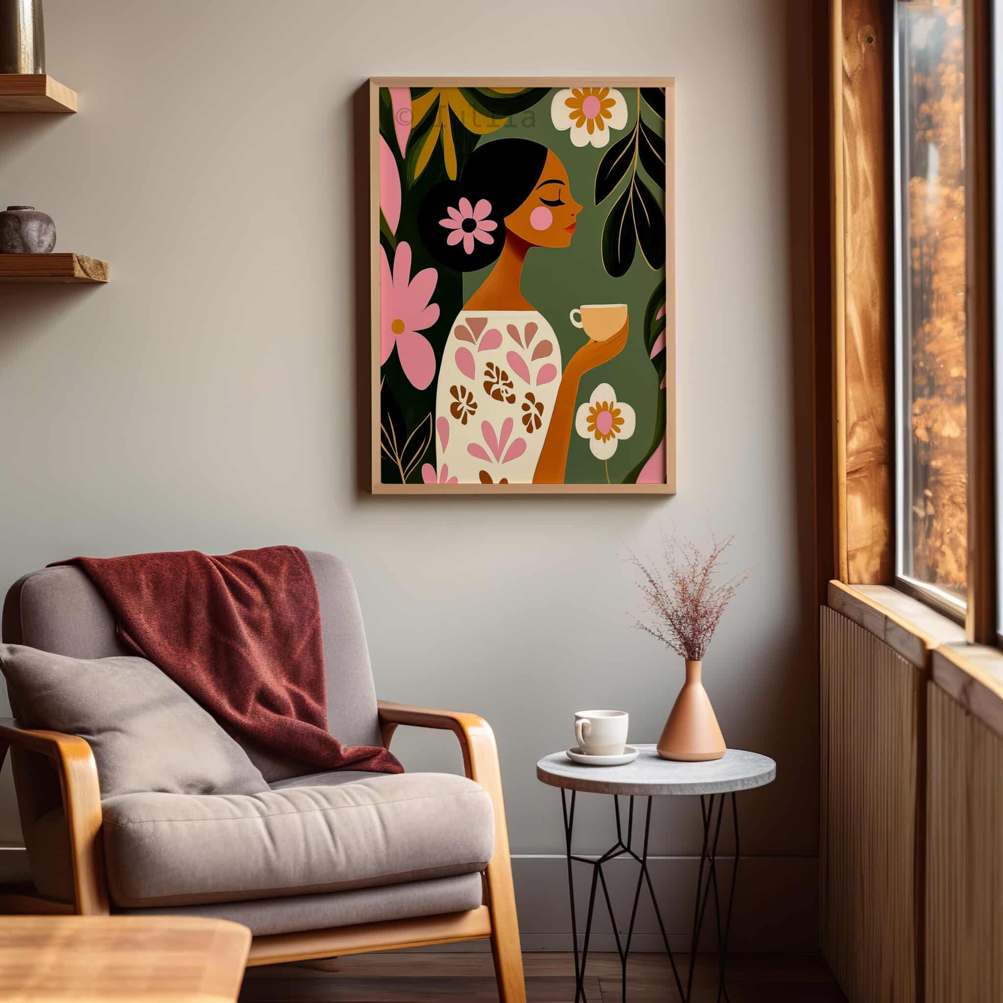 Woman with Tea Cup Print, Woman Portrait Art, Cozy Botanical Decor for Reading Nook, Kitchen Corner and Bedroom - photo #6