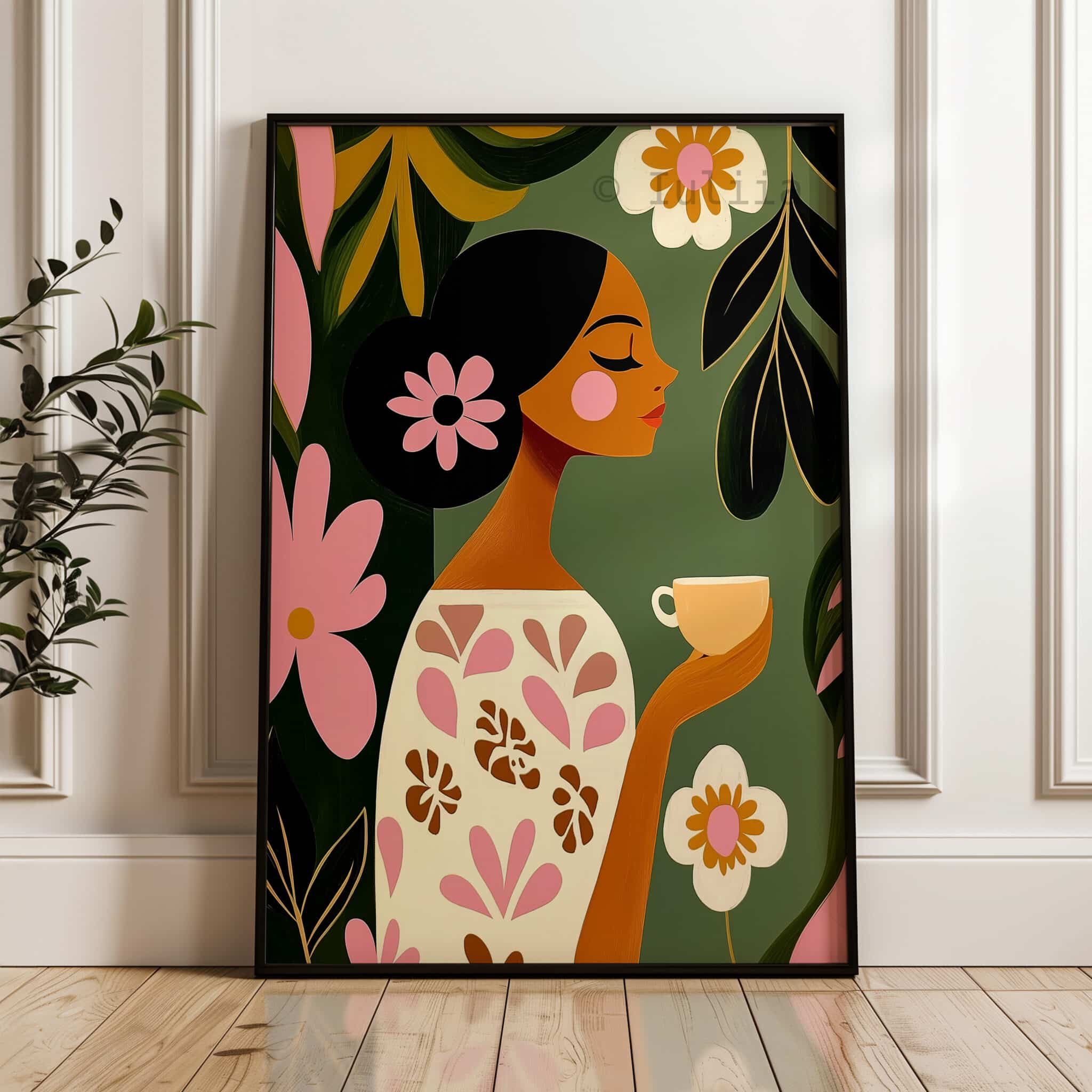 Woman with Tea Cup Print, Woman Portrait Art, Cozy Botanical Decor for Reading Nook, Kitchen Corner and Bedroom - photo #3