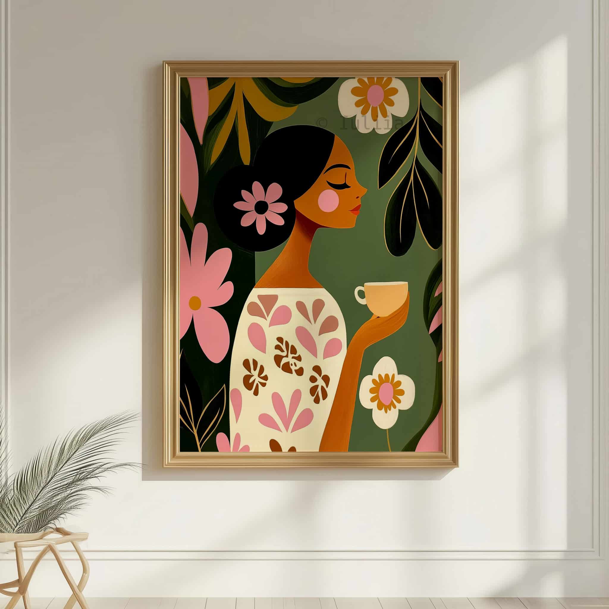 Woman with Tea Cup Print, Woman Portrait Art, Cozy Botanical Decor for Reading Nook, Kitchen Corner and Bedroom - photo #7