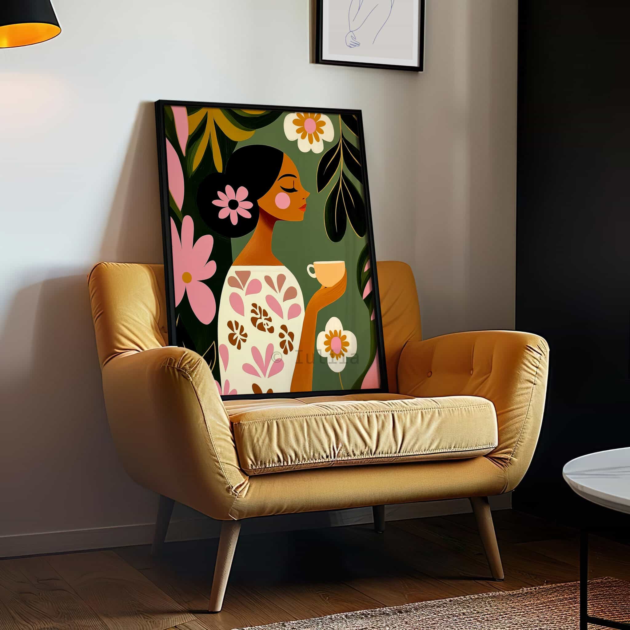 Woman with Tea Cup Print, Woman Portrait Art, Cozy Botanical Decor for Reading Nook, Kitchen Corner and Bedroom - photo #11