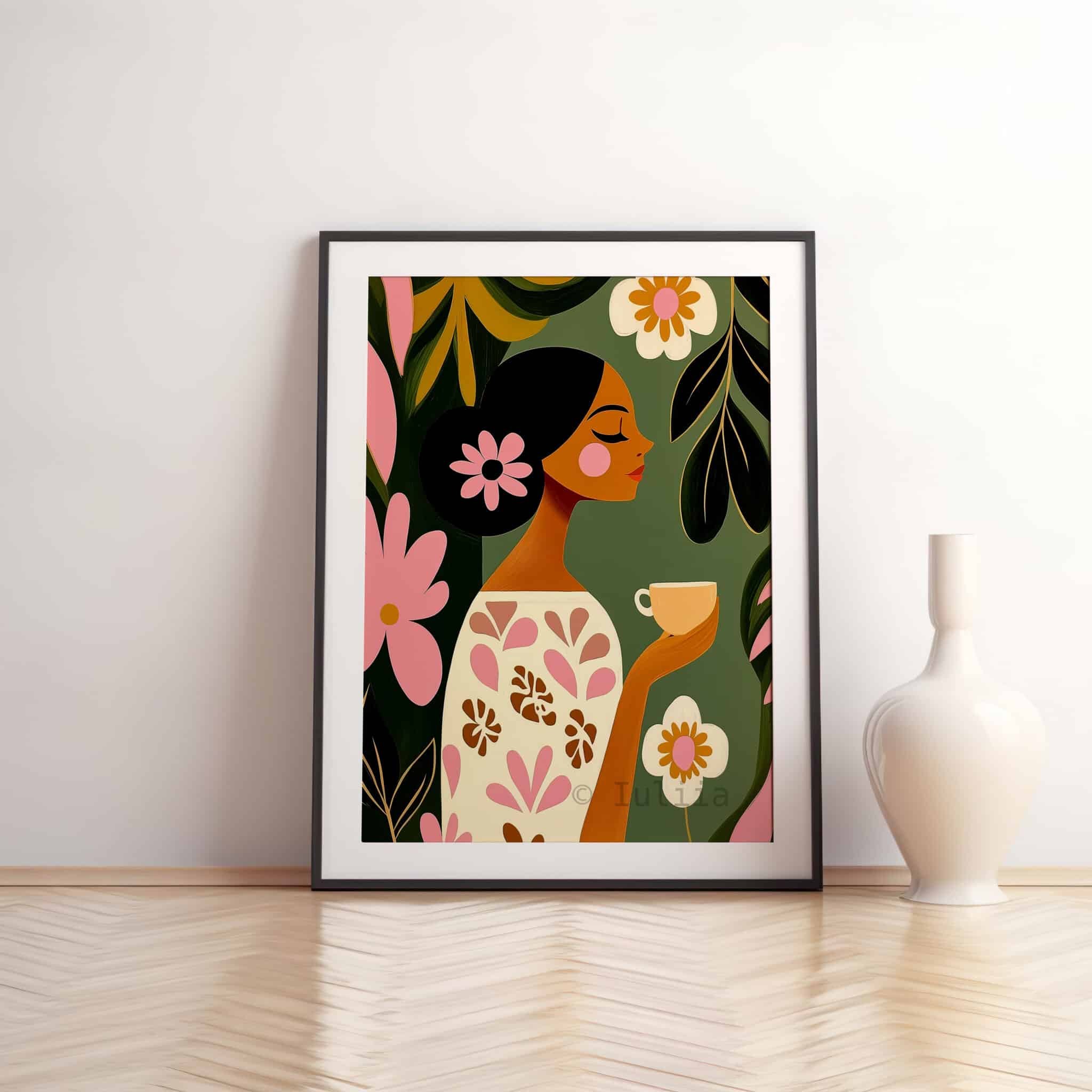 Woman with Tea Cup Print, Woman Portrait Art, Cozy Botanical Decor for Reading Nook, Kitchen Corner and Bedroom - photo #10