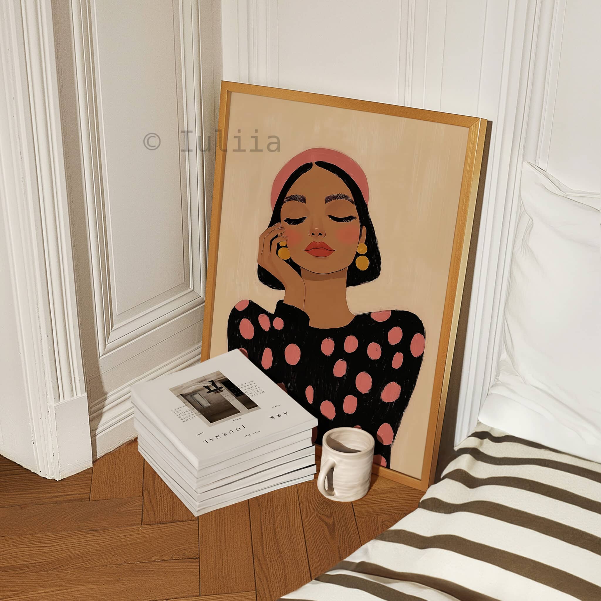 Contemporary Portrait Art, Modern Feminine Print, Pink Polka Dot Woman Illustration, Scandinavian Bedroom Wall Decor - photo #4