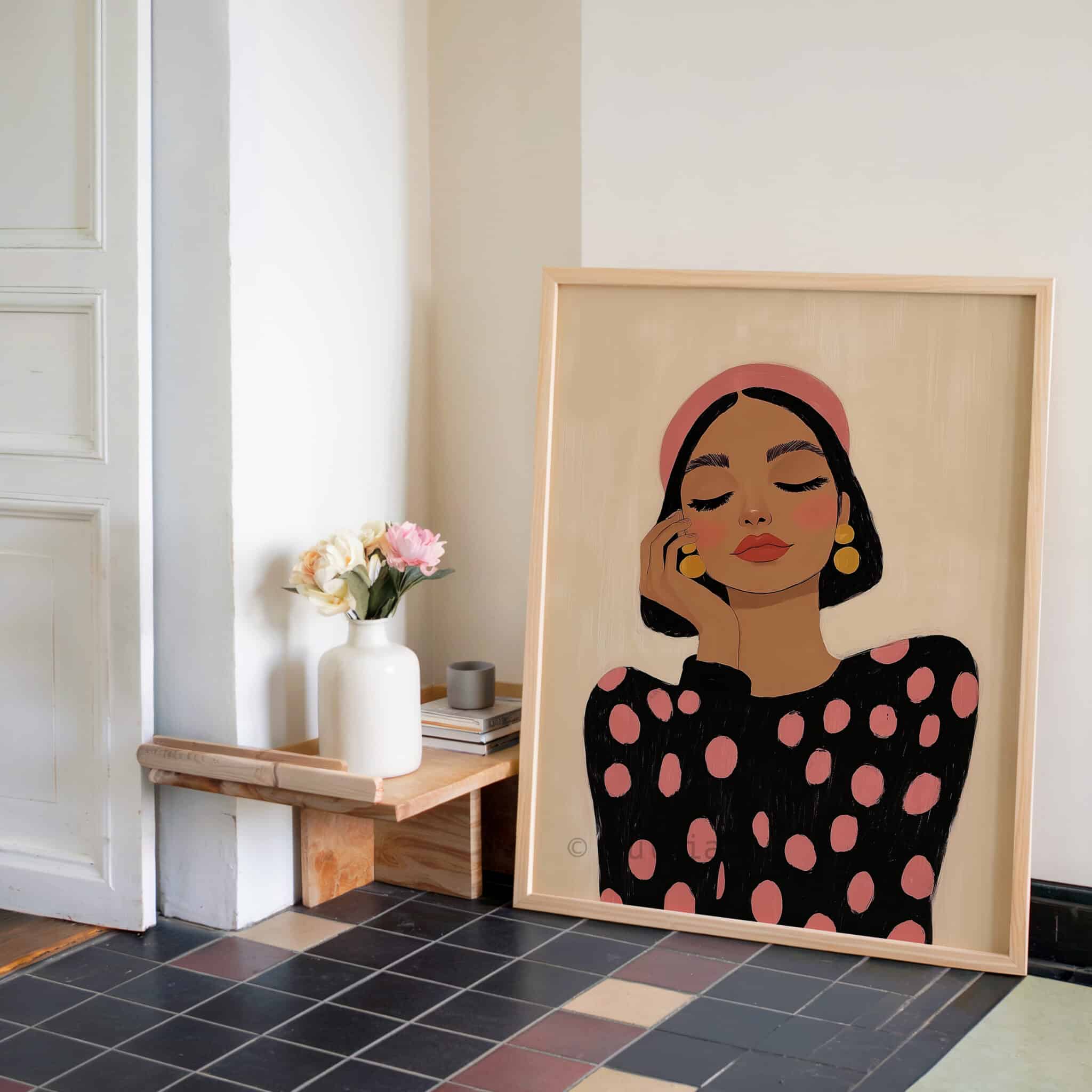 Contemporary Portrait Art, Modern Feminine Print, Pink Polka Dot Woman Illustration, Scandinavian Bedroom Wall Decor - photo #2