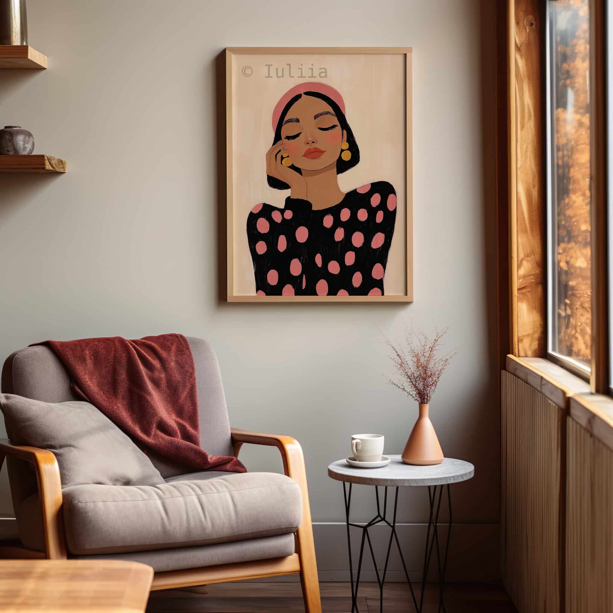 Contemporary Portrait Art, Modern Feminine Print, Pink Polka Dot Woman Illustration, Scandinavian Bedroom Wall Decor - photo #6