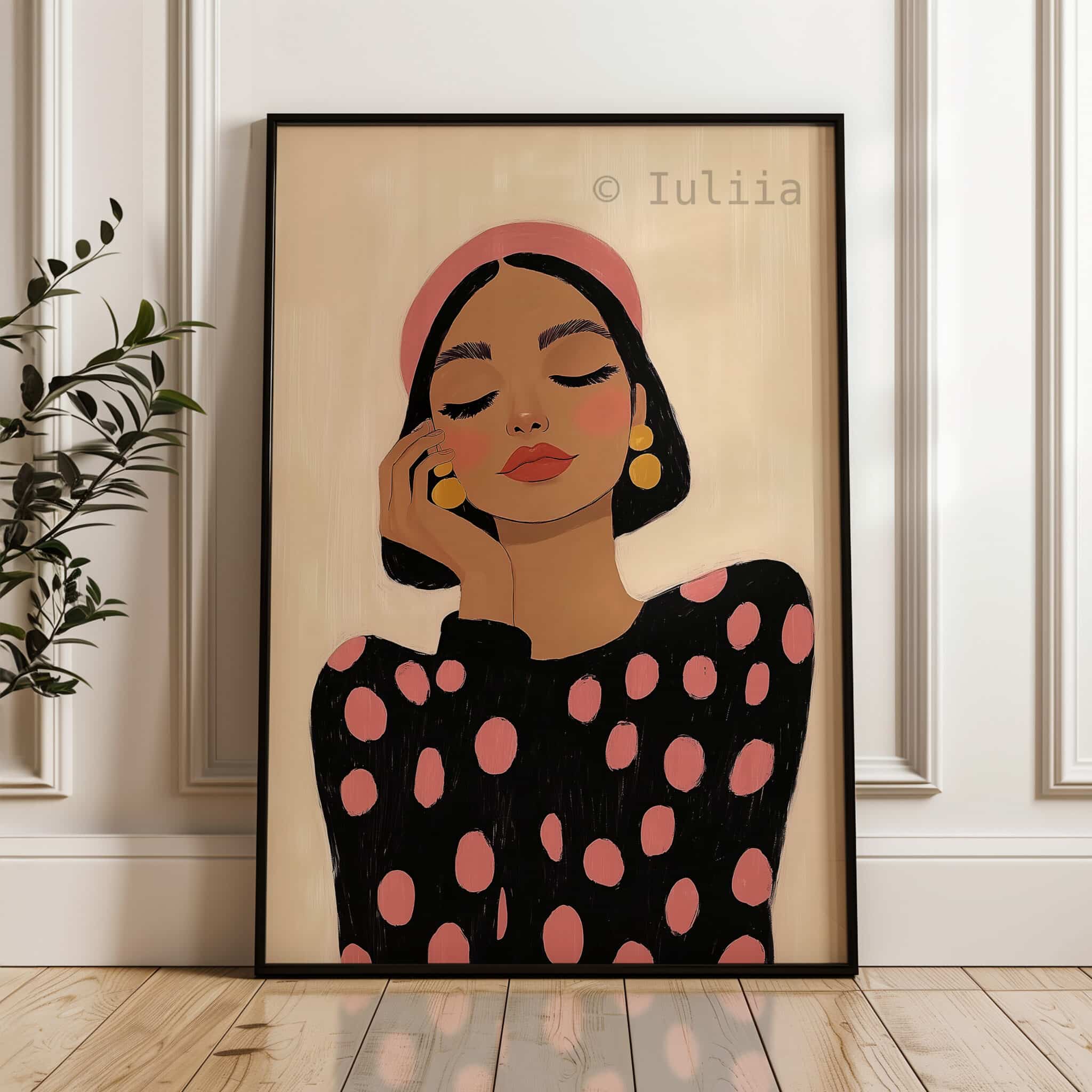 Contemporary Portrait Art, Modern Feminine Print, Pink Polka Dot Woman Illustration, Scandinavian Bedroom Wall Decor - photo #3