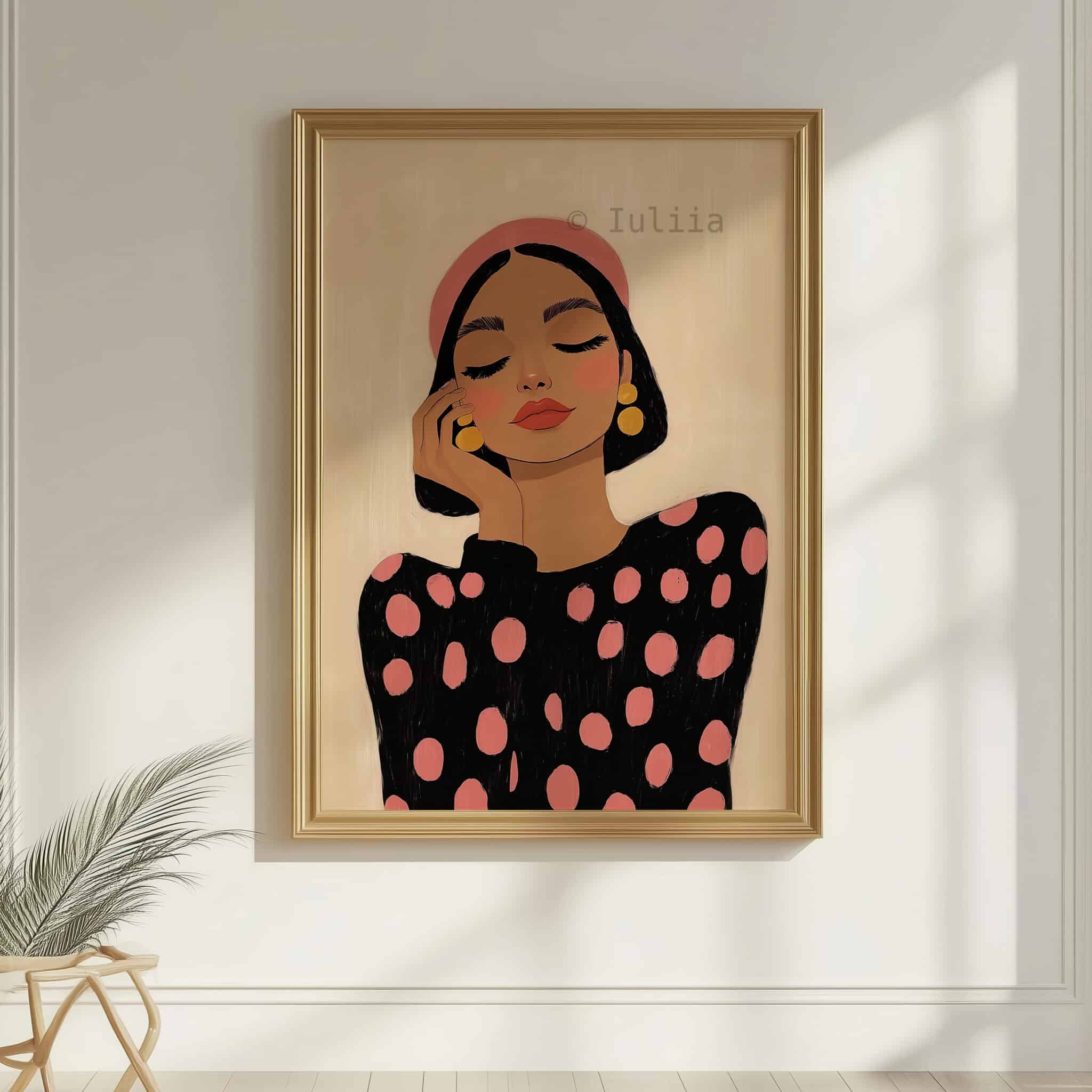 Contemporary Portrait Art, Modern Feminine Print, Pink Polka Dot Woman Illustration, Scandinavian Bedroom Wall Decor - photo #7
