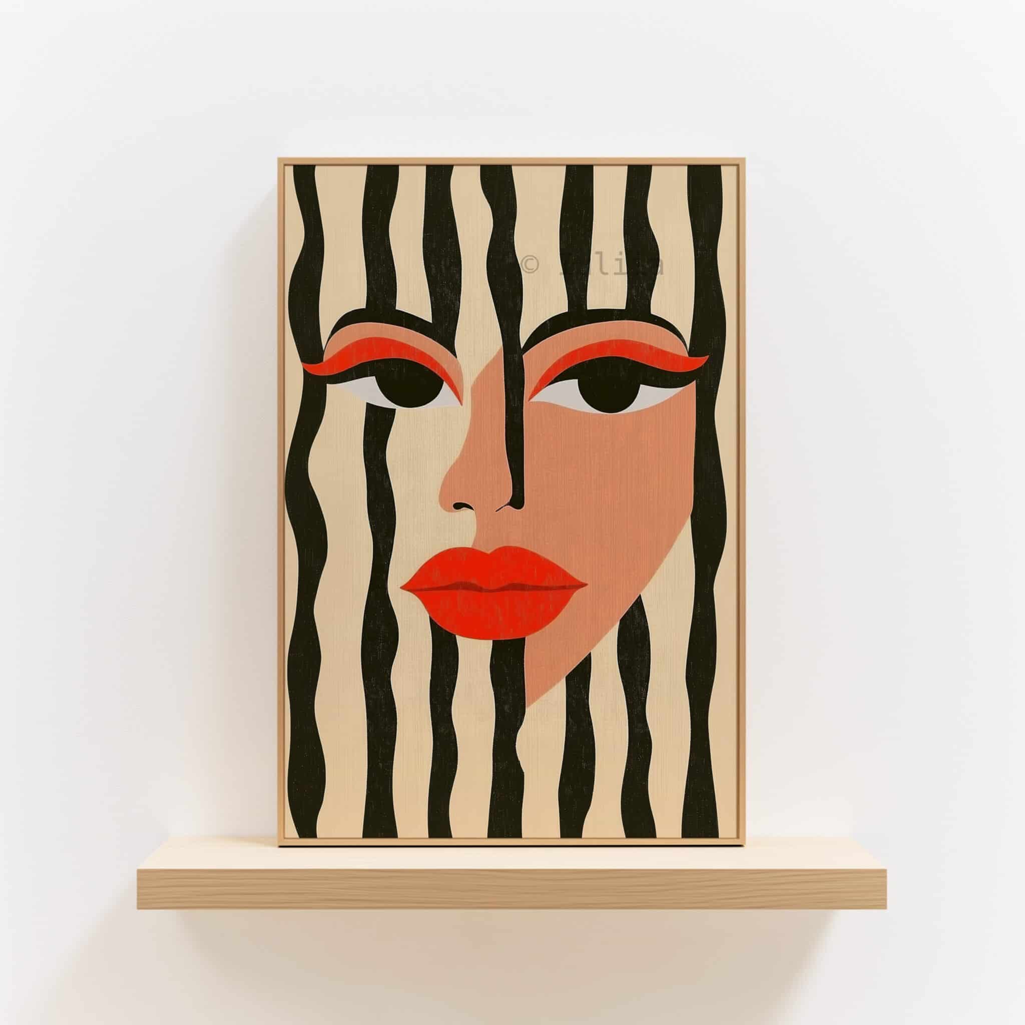 Graphic Face Art Print, Modern Abstract Woman Portrait, Black White Striped Wall Decor, Bold Contemporary Artwork