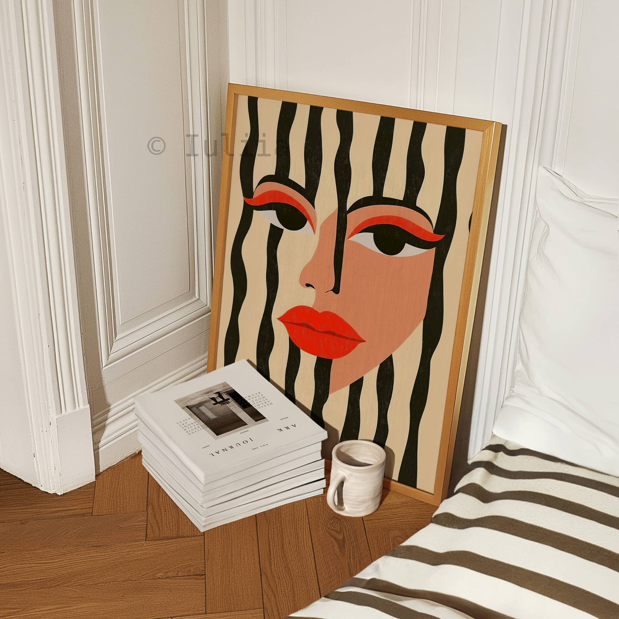 Graphic Face Art Print, Modern Abstract Woman Portrait, Black White Striped Wall Decor, Bold Contemporary Artwork - photo #4