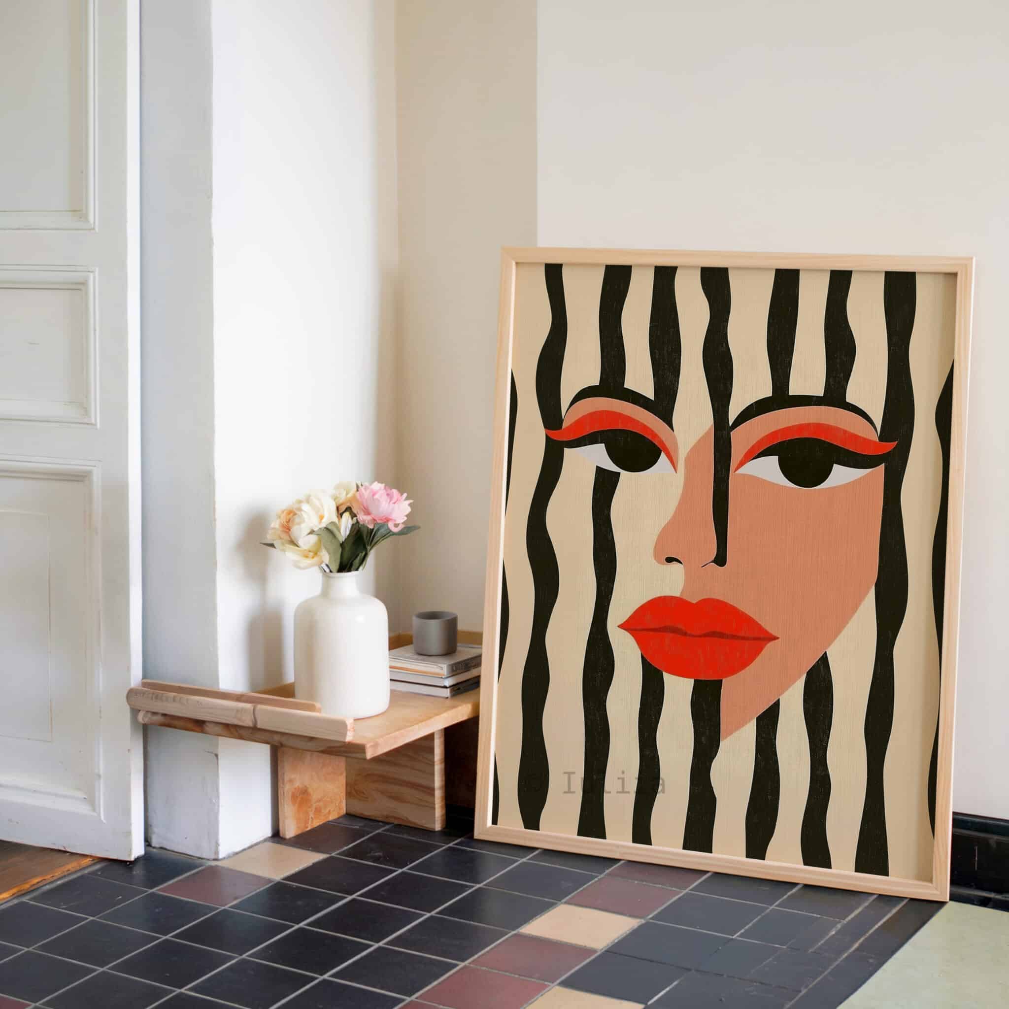 Graphic Face Art Print, Modern Abstract Woman Portrait, Black White Striped Wall Decor, Bold Contemporary Artwork - photo #2
