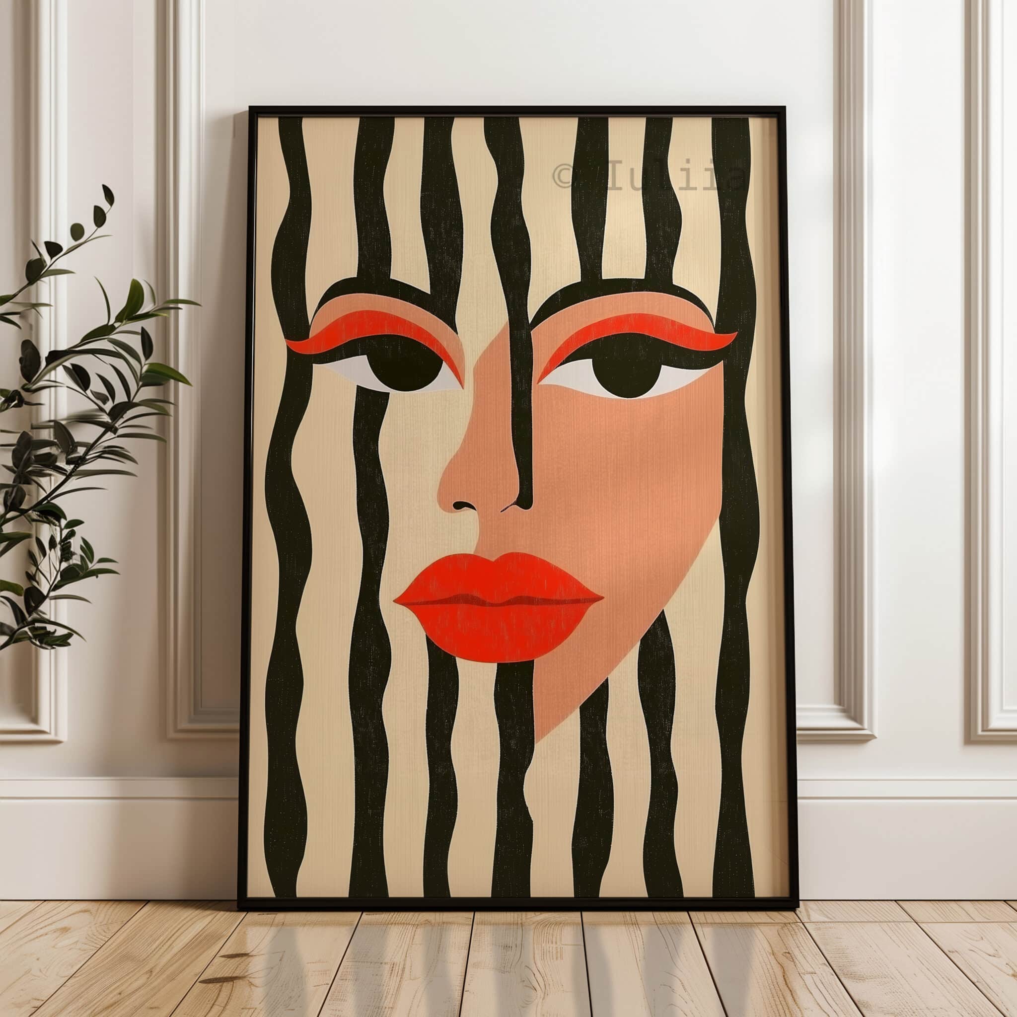 Graphic Face Art Print, Modern Abstract Woman Portrait, Black White Striped Wall Decor, Bold Contemporary Artwork - photo #3