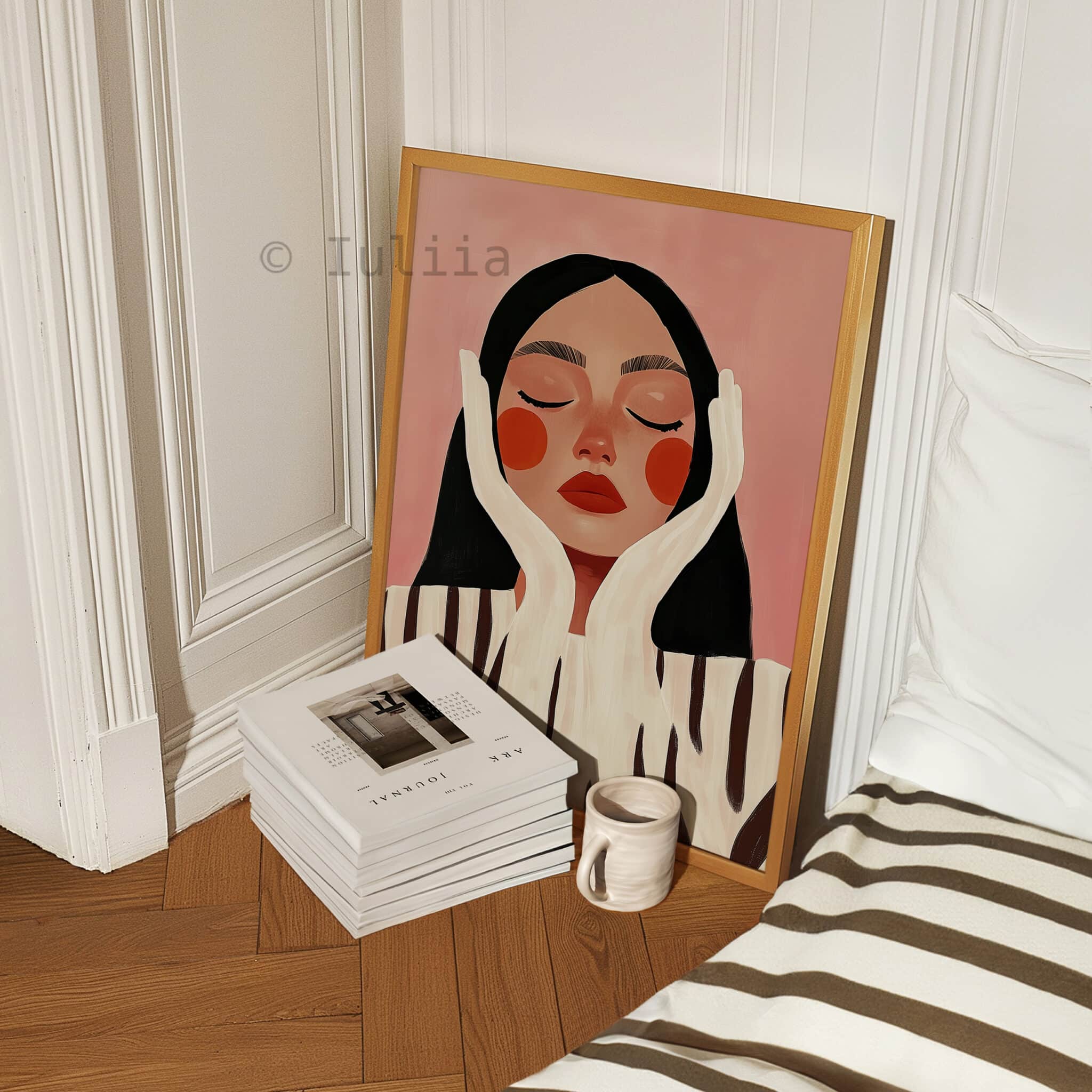 Woman Face Print, Peaceful Female Portrait, Blush Pink Wall Art, Minimalist Modern Decor for Bedroom, Reading Nook or Vanity - photo #4