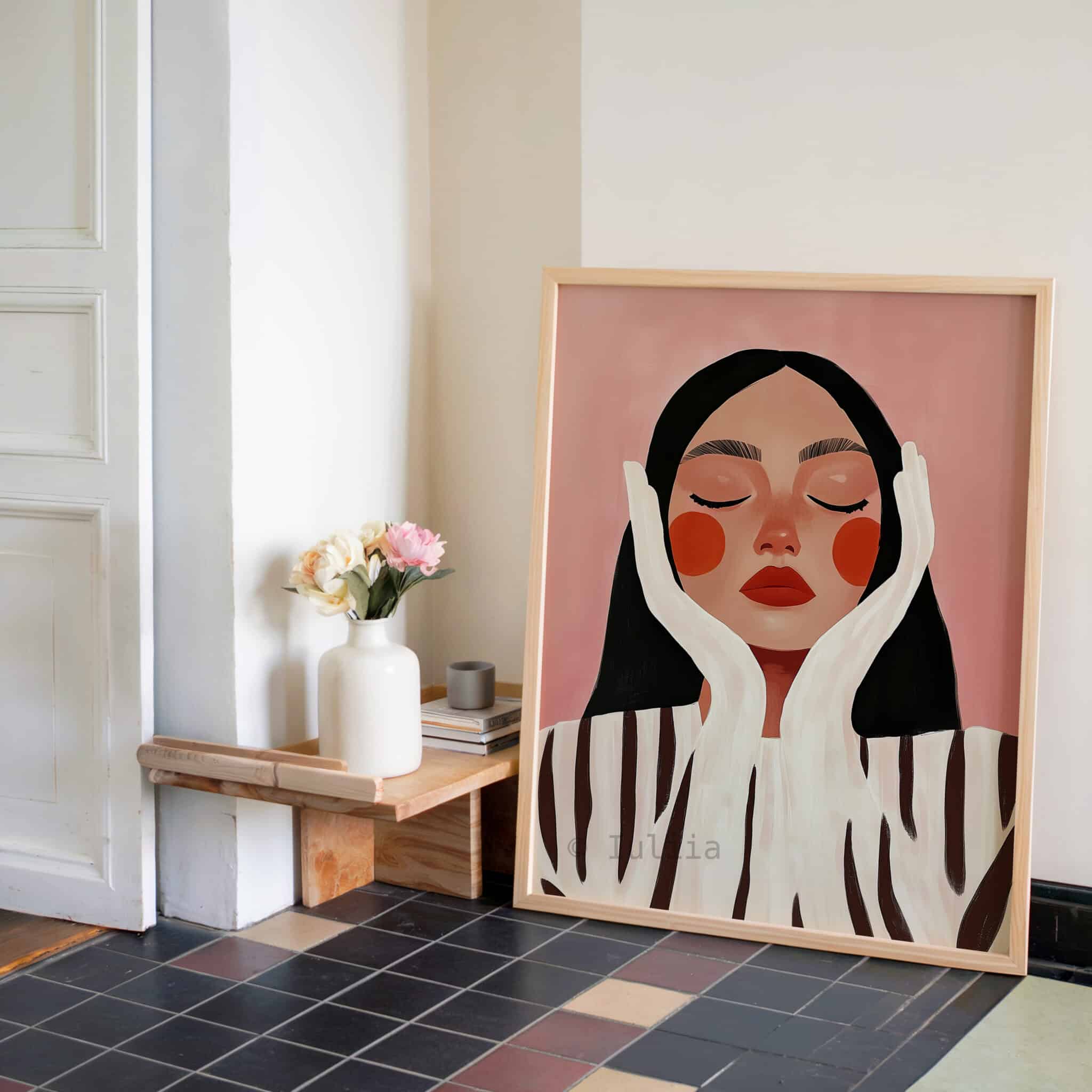 Woman Face Print, Peaceful Female Portrait, Blush Pink Wall Art, Minimalist Modern Decor for Bedroom, Reading Nook or Vanity - photo #2