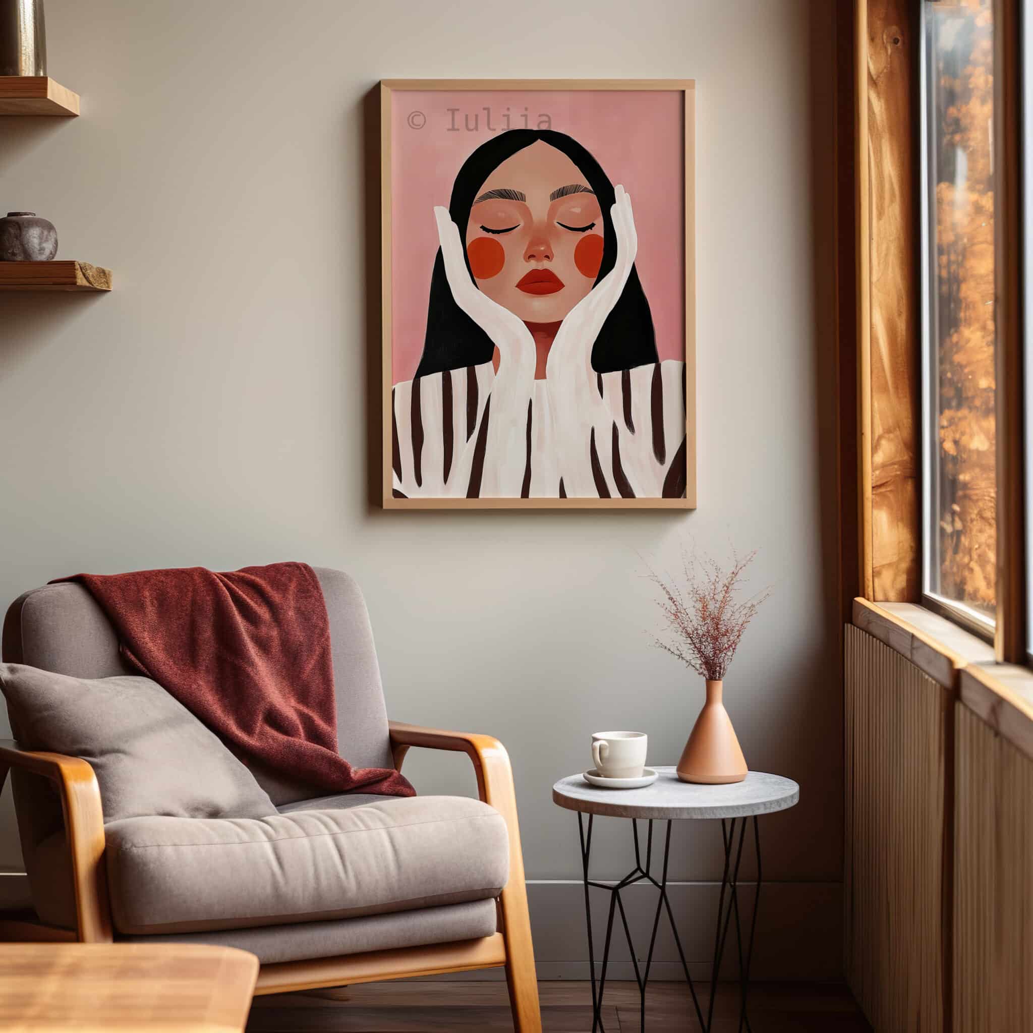 Woman Face Print, Peaceful Female Portrait, Blush Pink Wall Art, Minimalist Modern Decor for Bedroom, Reading Nook or Vanity - photo #6