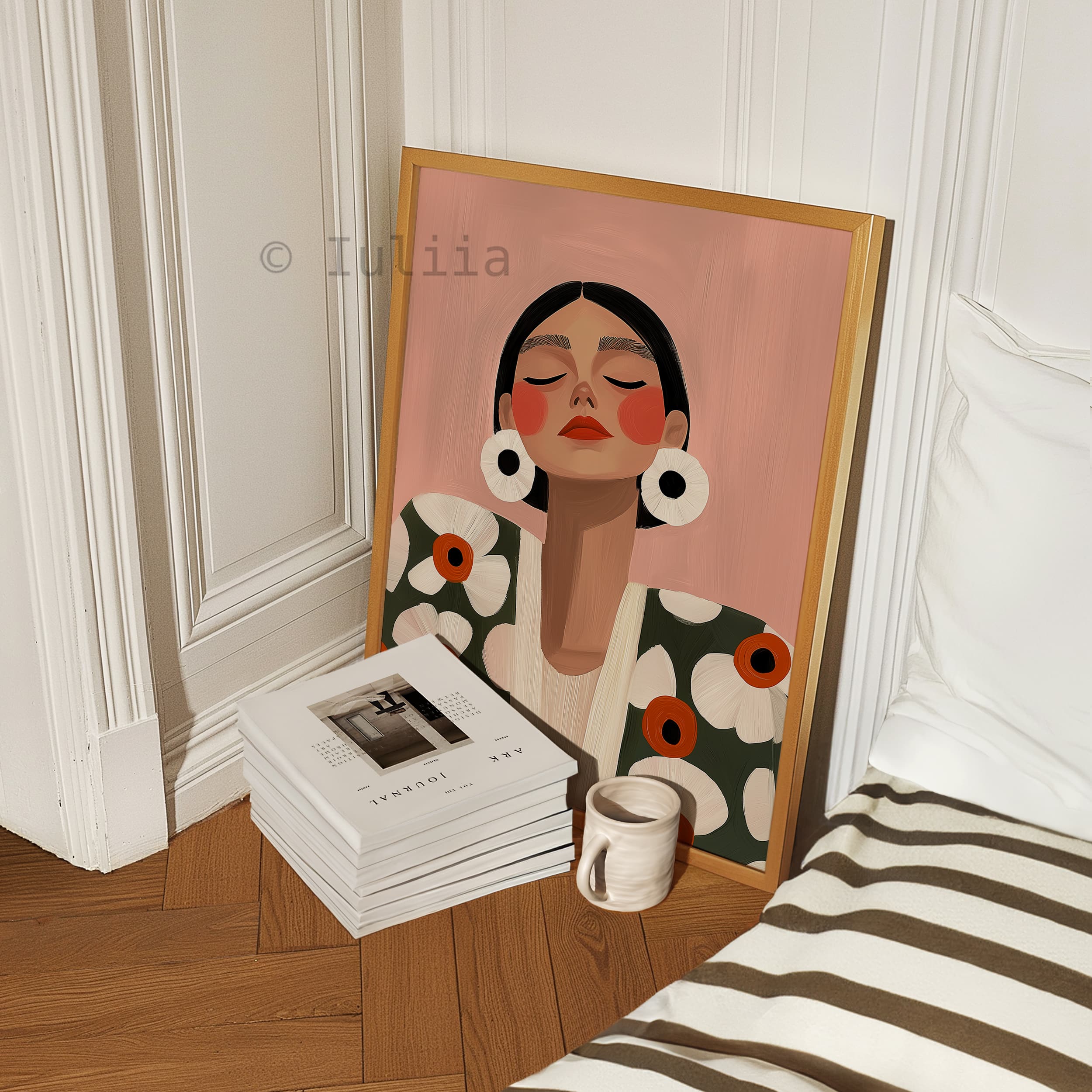 Statement Earrings Art Print, Stylish Woman Portrait, Floral Fashion Illustration, Modern Pink Wall Decor for Bedroom - photo #4