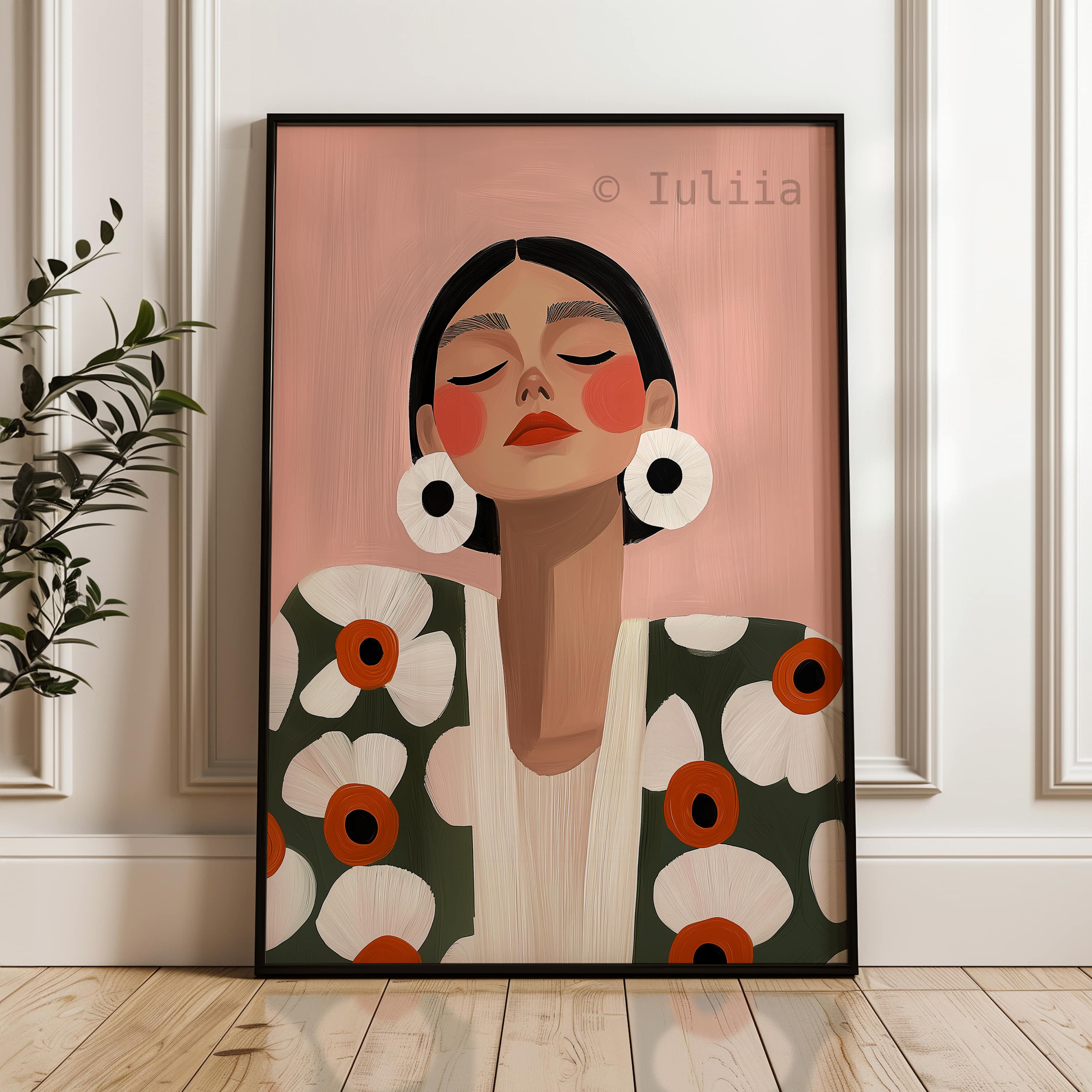 Statement Earrings Art Print, Stylish Woman Portrait, Floral Fashion Illustration, Modern Pink Wall Decor for Bedroom - photo #3