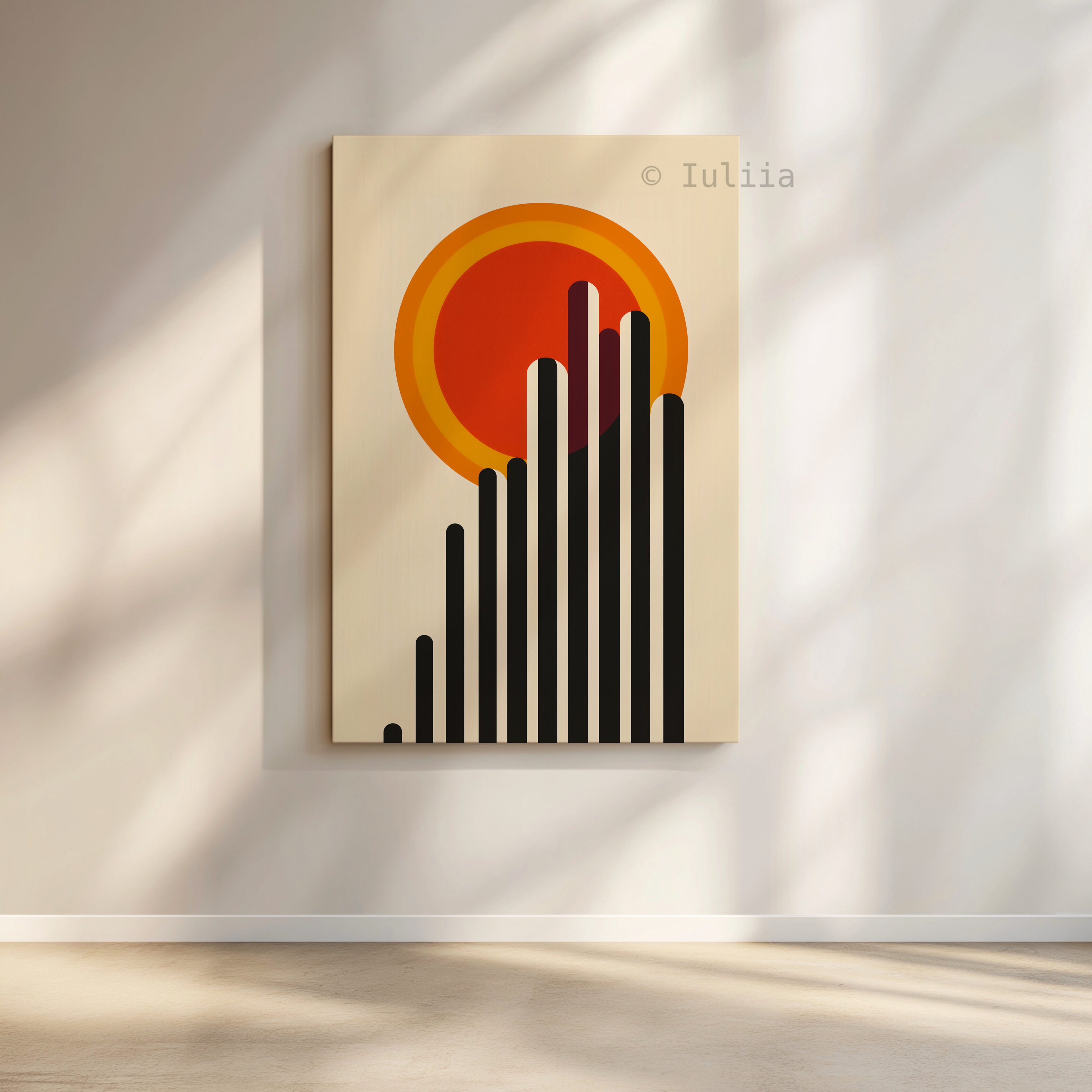 Architectural Wall Art, Bauhaus Skyline Canvas, Modernist Sun Composition, Geometric Cityscape Decor, Loft Statement Piece