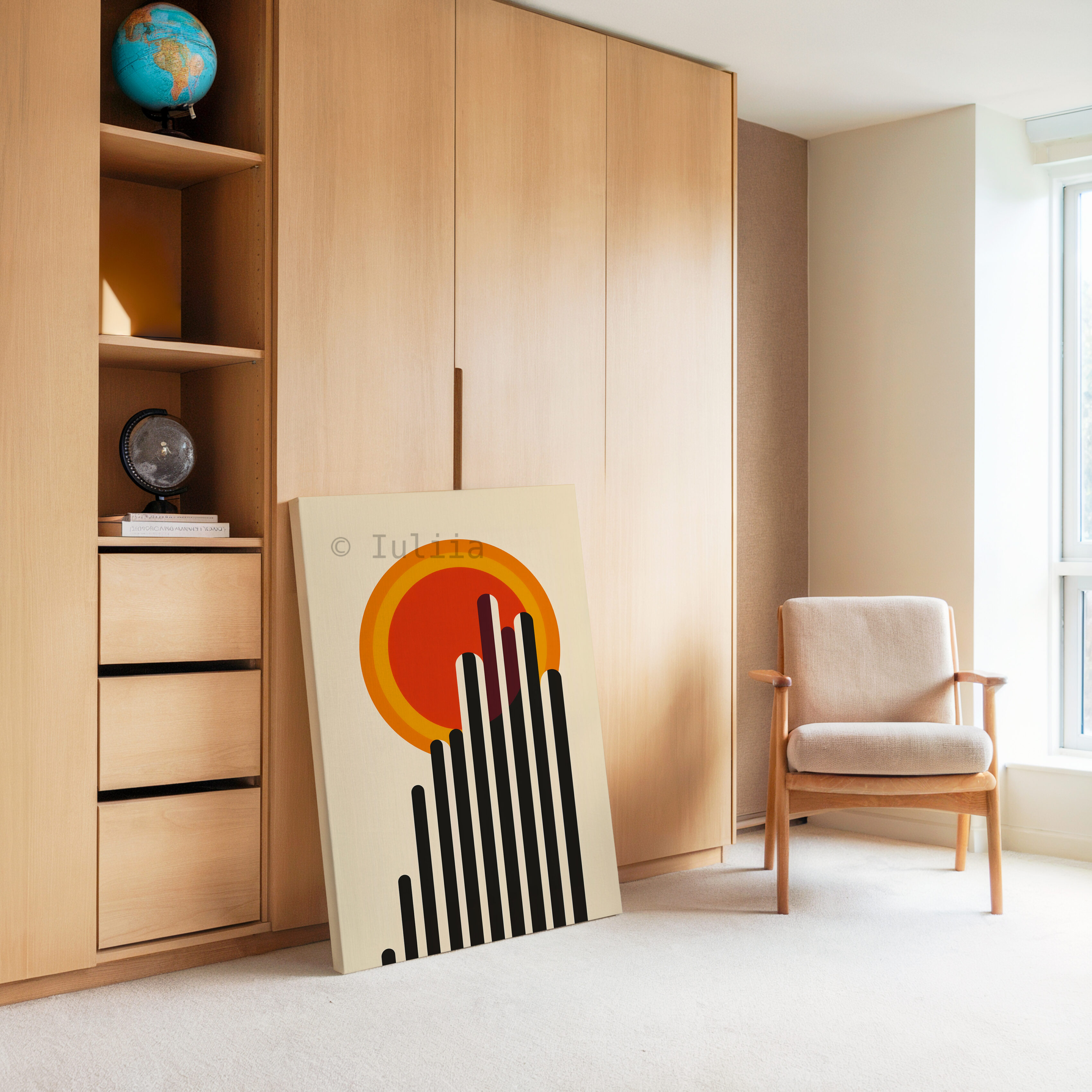 Architectural Wall Art, Bauhaus Skyline Canvas, Modernist Sun Composition, Geometric Cityscape Decor, Loft Statement Piece - photo #4