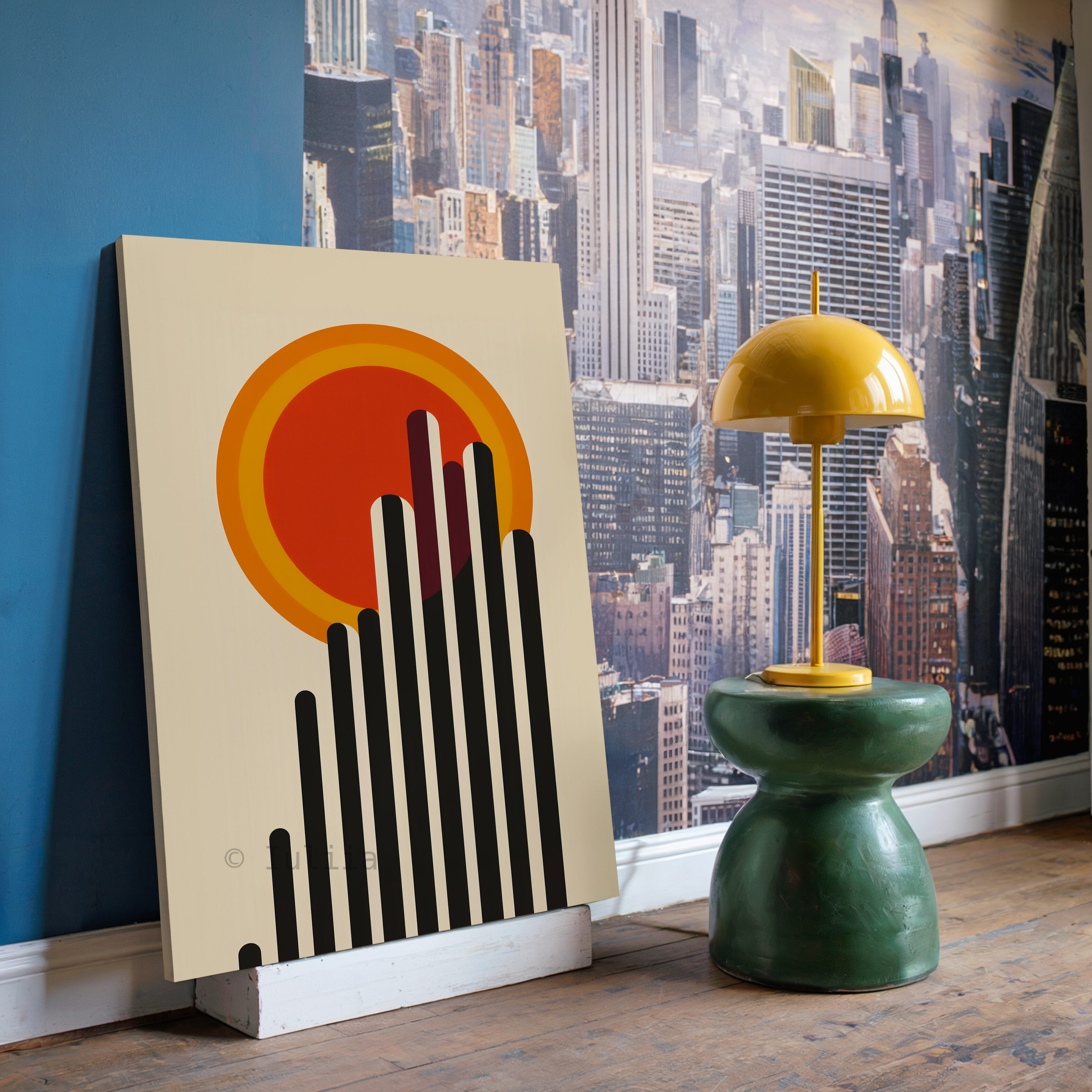Architectural Wall Art, Bauhaus Skyline Canvas, Modernist Sun Composition, Geometric Cityscape Decor, Loft Statement Piece - photo #13
