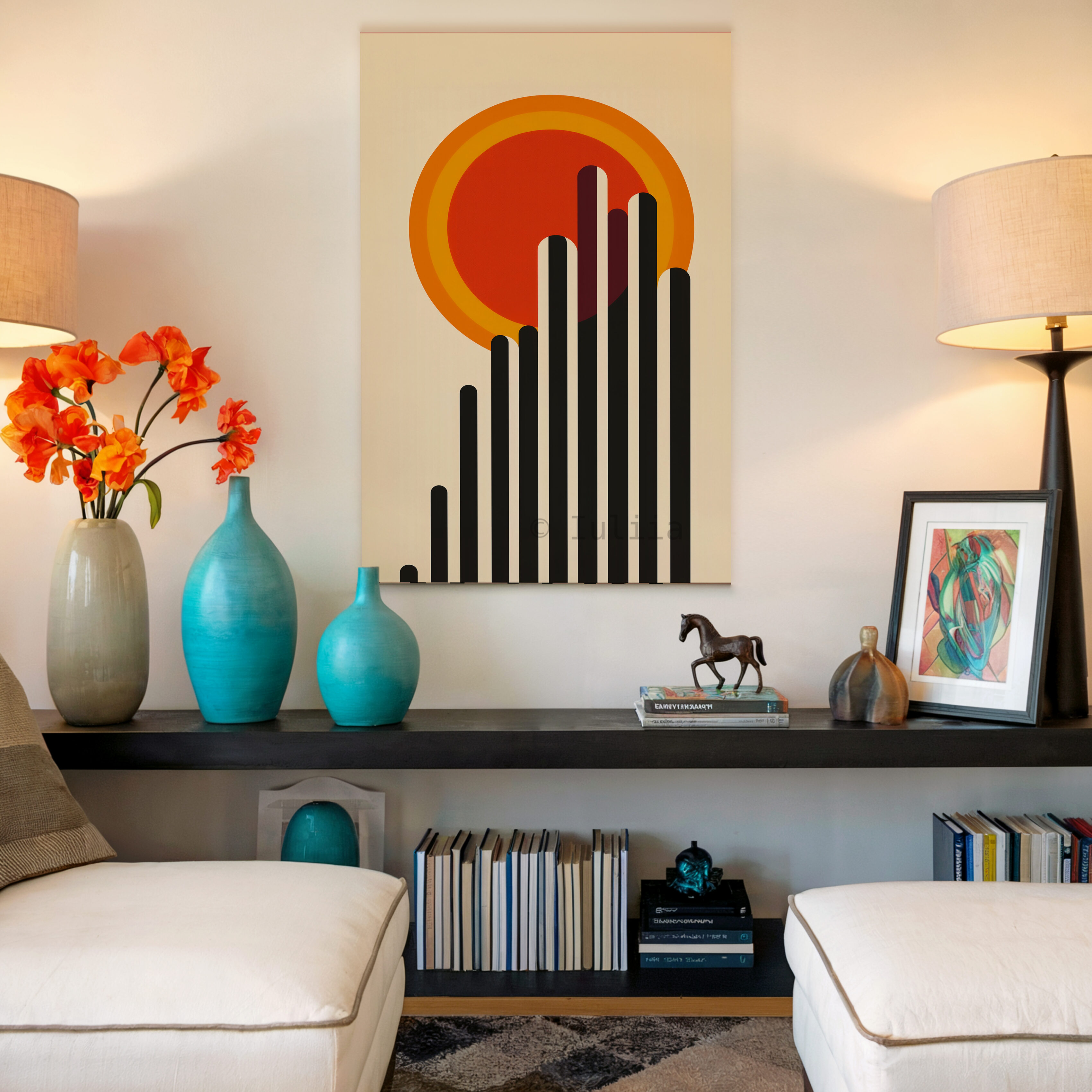 Architectural Wall Art, Bauhaus Skyline Canvas, Modernist Sun Composition, Geometric Cityscape Decor, Loft Statement Piece - photo #14