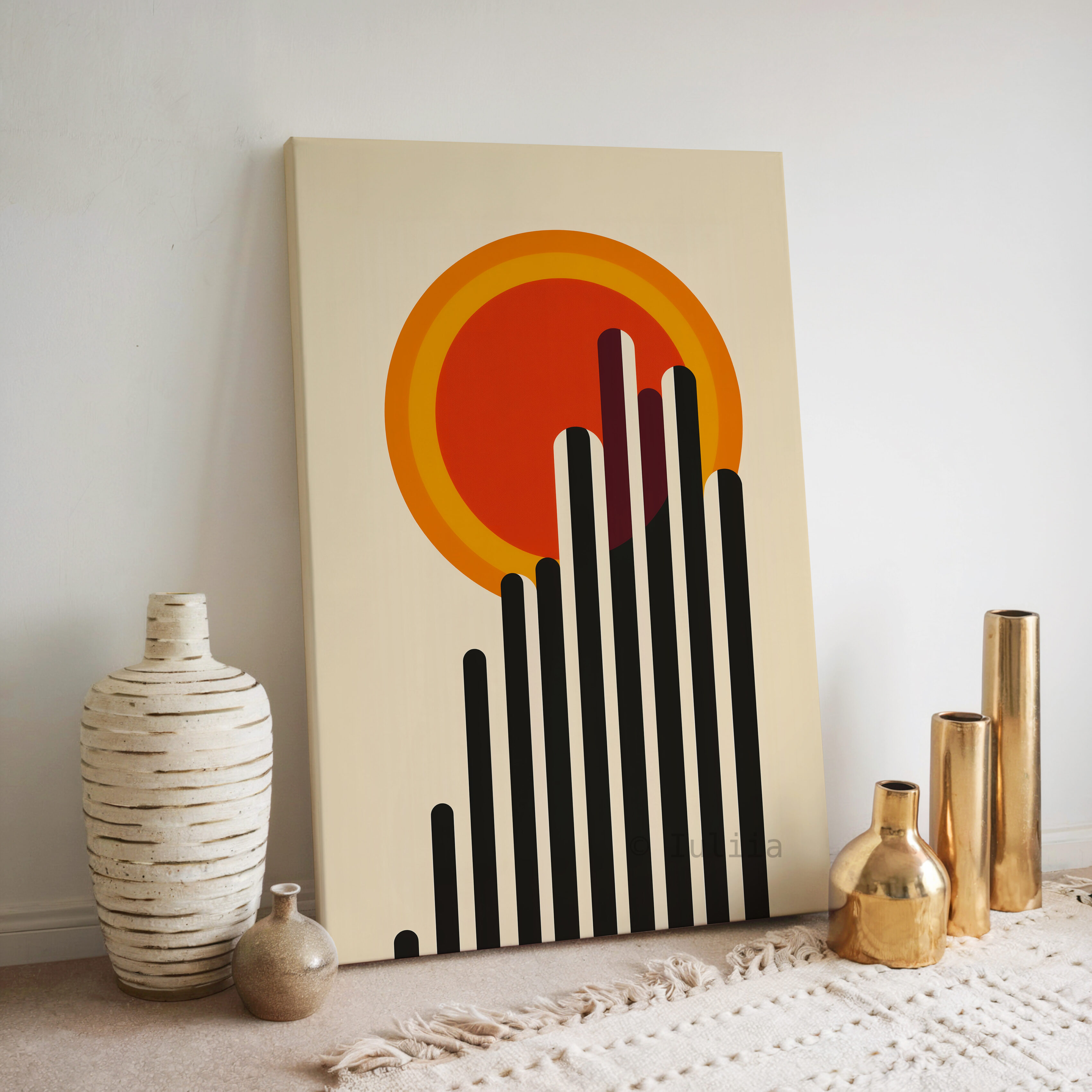Architectural Wall Art, Bauhaus Skyline Canvas, Modernist Sun Composition, Geometric Cityscape Decor, Loft Statement Piece - photo #2