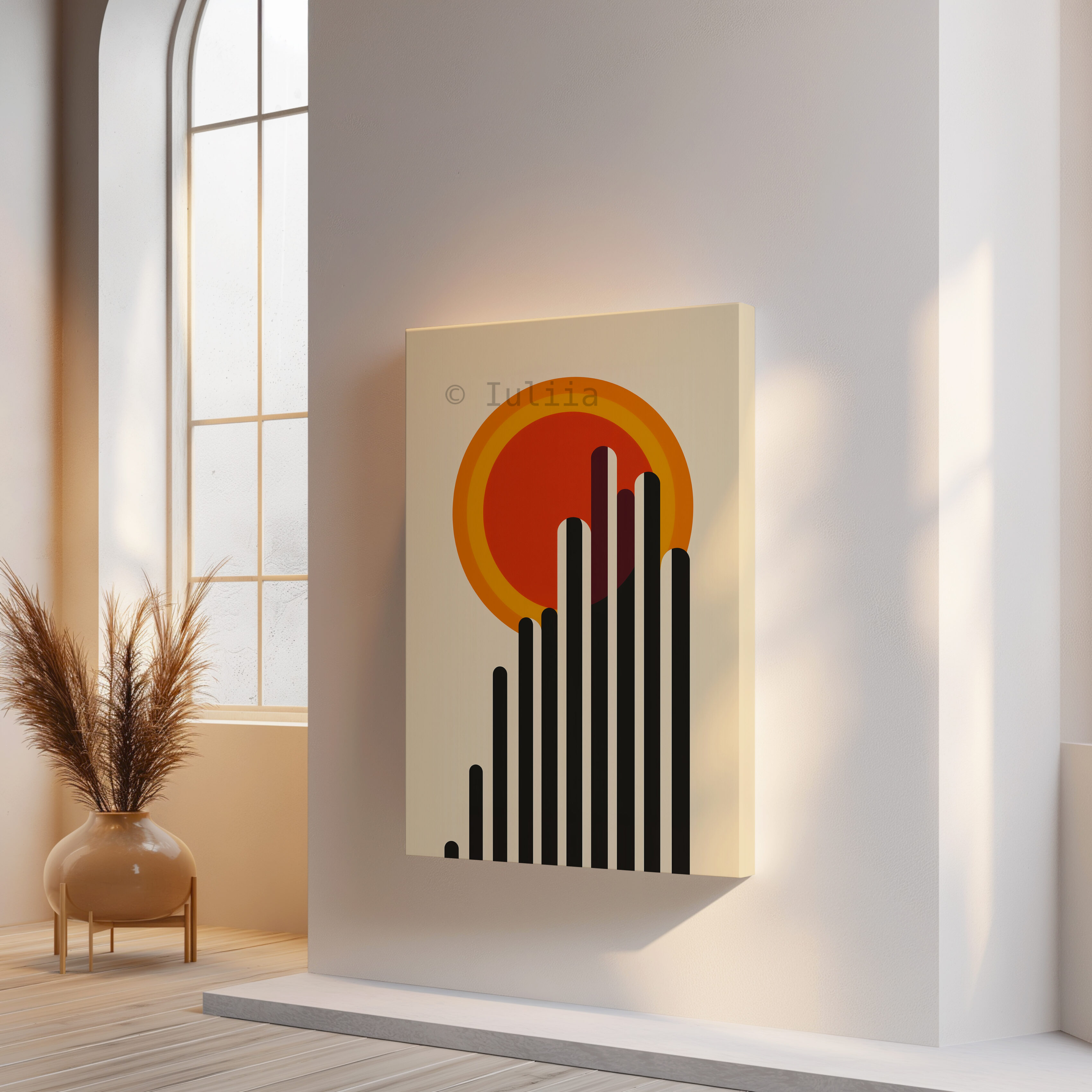 Architectural Wall Art, Bauhaus Skyline Canvas, Modernist Sun Composition, Geometric Cityscape Decor, Loft Statement Piece - photo #12