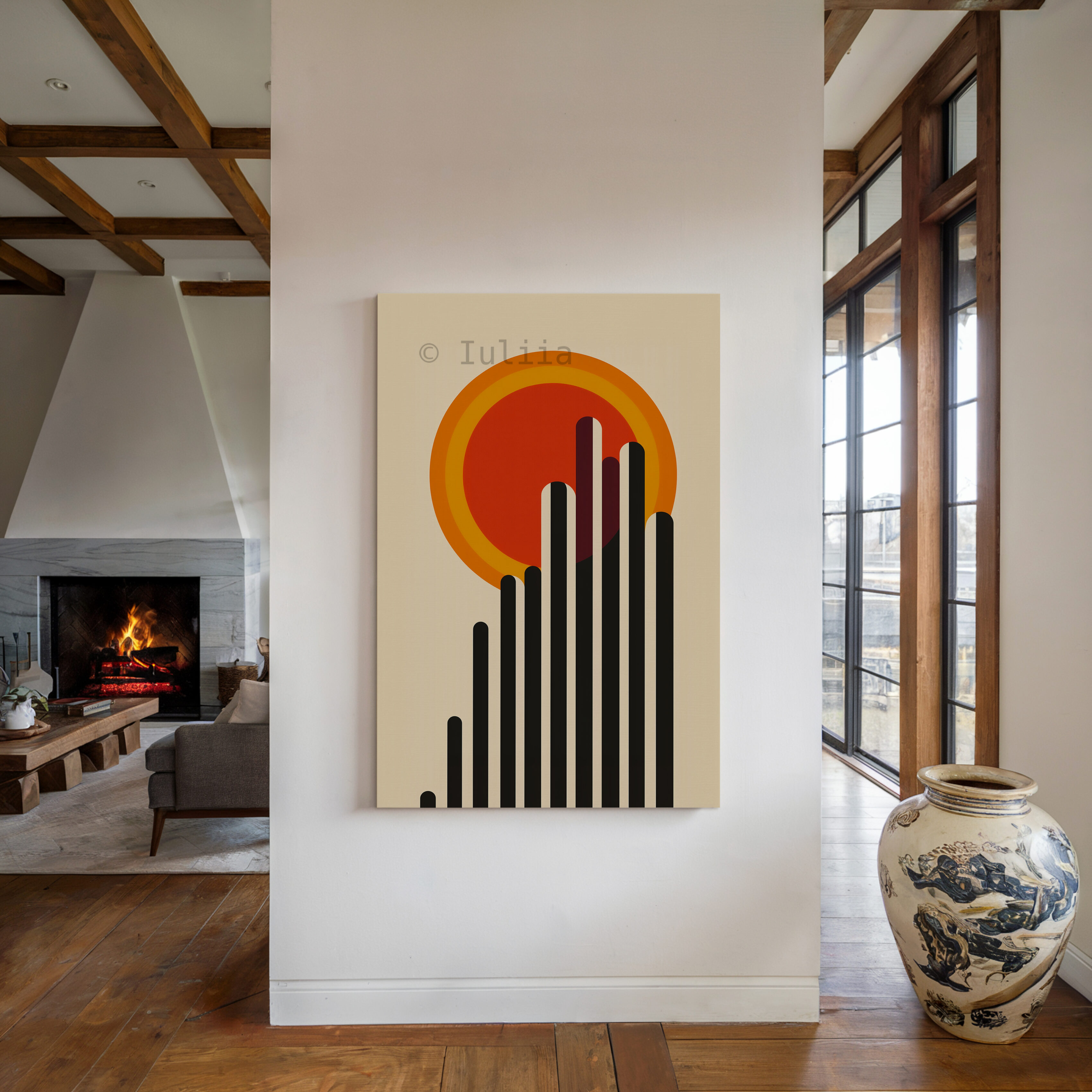 Architectural Wall Art, Bauhaus Skyline Canvas, Modernist Sun Composition, Geometric Cityscape Decor, Loft Statement Piece - photo #3