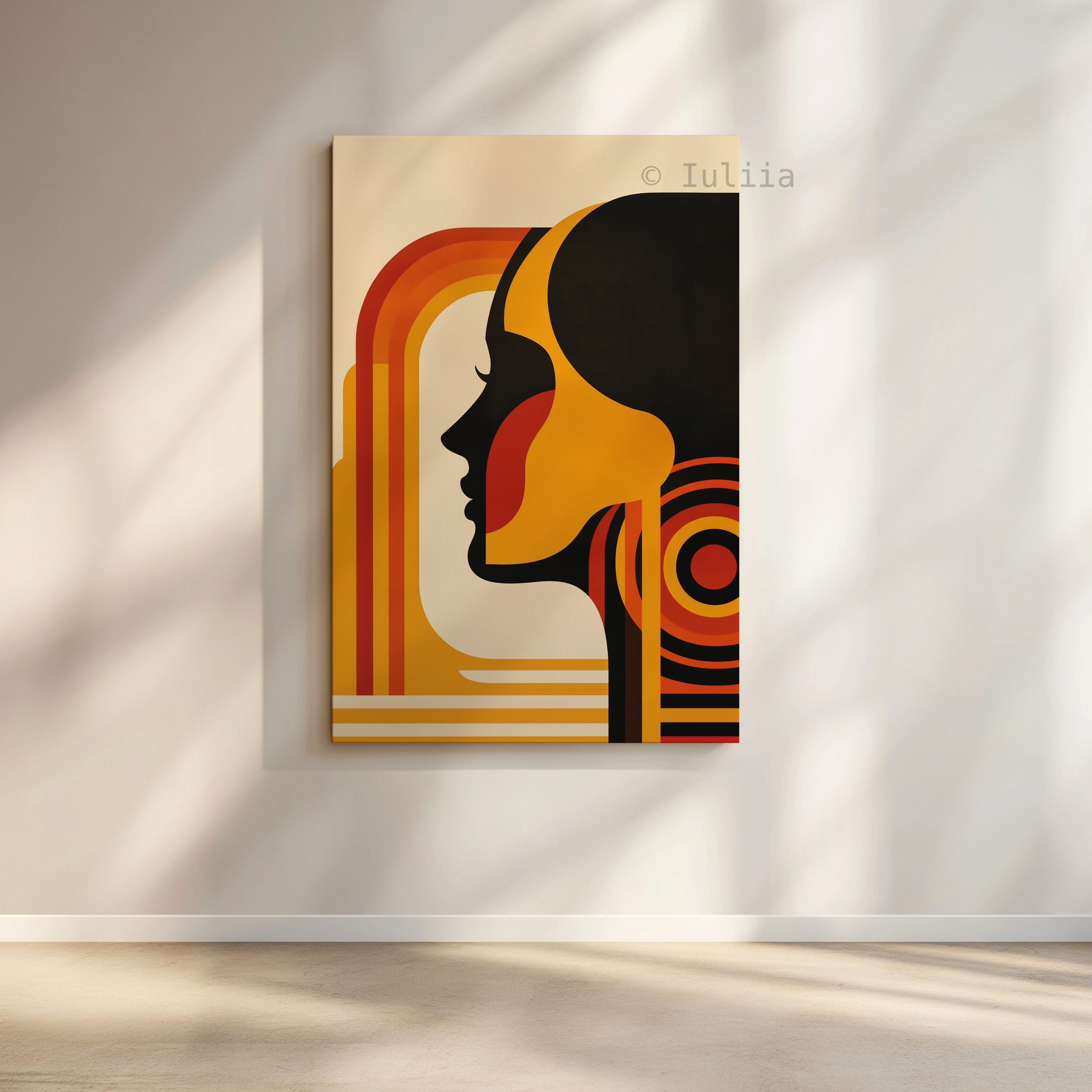 Designer Portrait Canvas, Bauhaus Female Profile, Retro Modernist Illustration, Geometric Character Artwork, Statement Decor