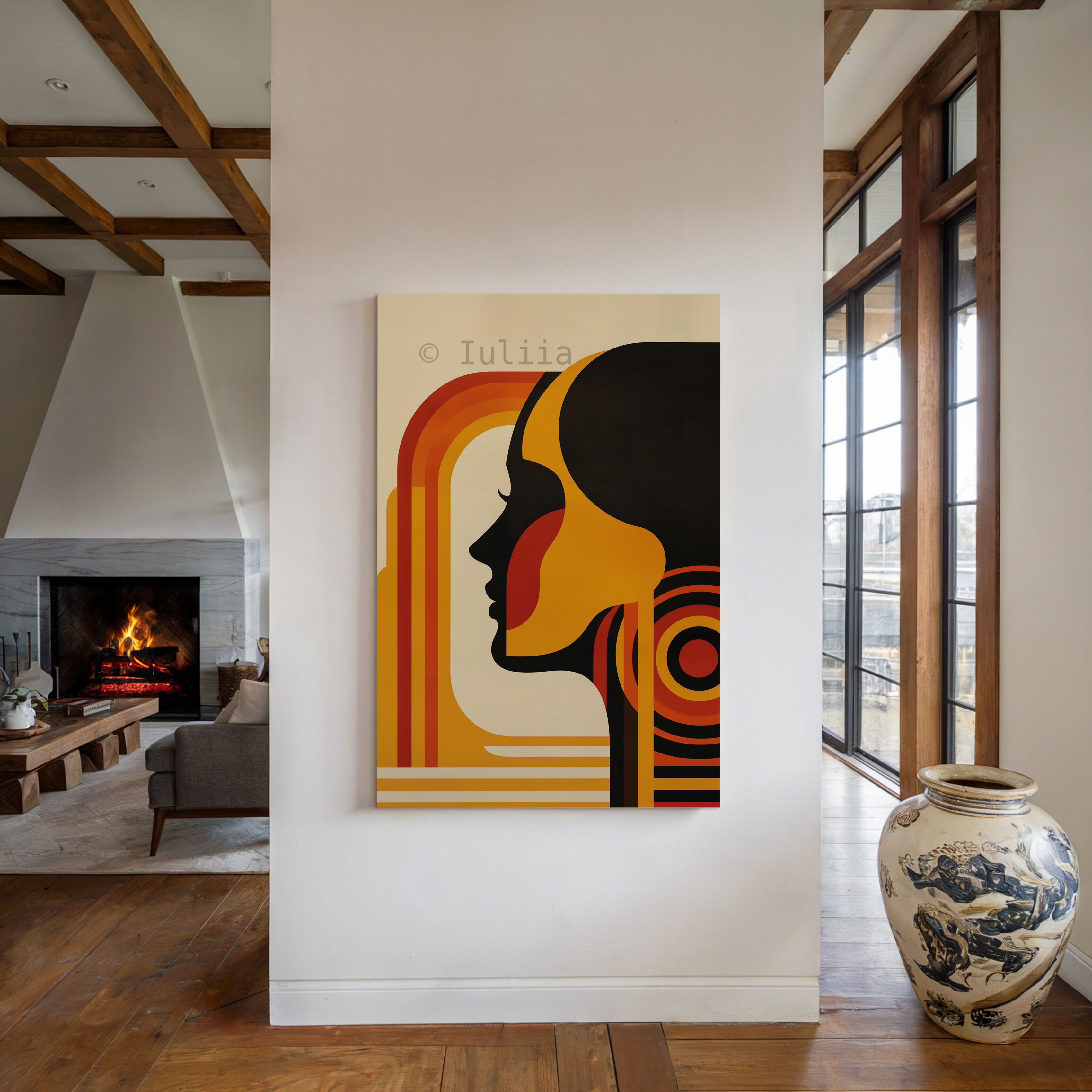 Designer Portrait Canvas, Bauhaus Female Profile, Retro Modernist Illustration, Geometric Character Artwork, Statement Decor - photo #3