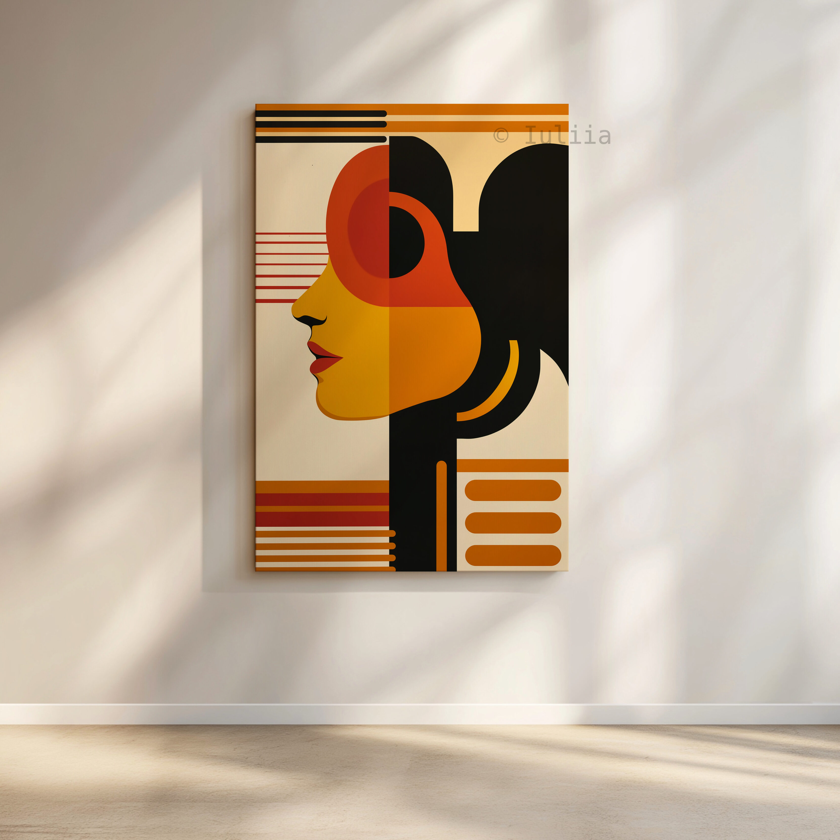 Modern Muse Decor, Bauhaus Portrait Canvas, Retro Female Silhouette, Geometric Character Design, Mid Century Wall Accent