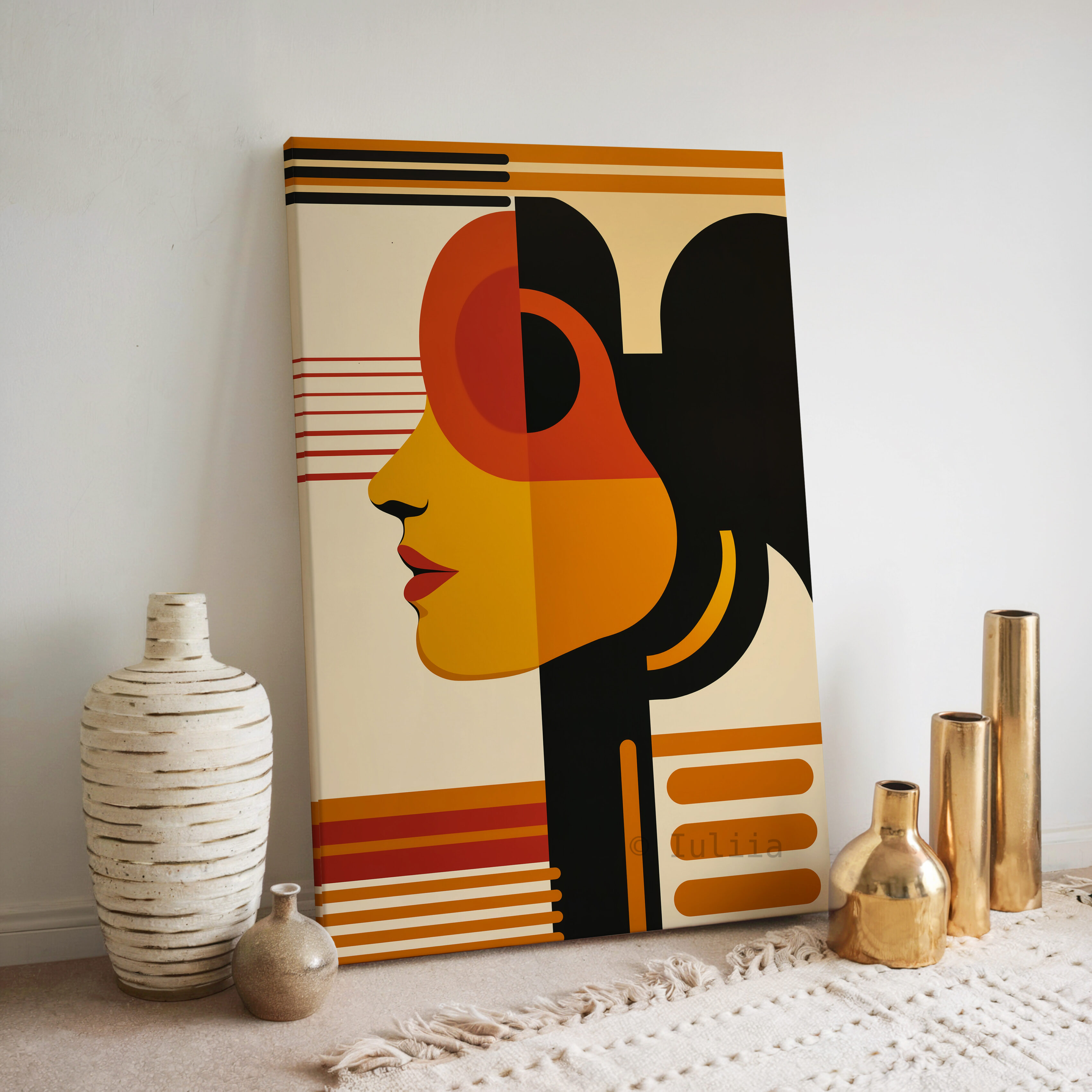 Modern Muse Decor, Bauhaus Portrait Canvas, Retro Female Silhouette, Geometric Character Design, Mid Century Wall Accent - photo #2
