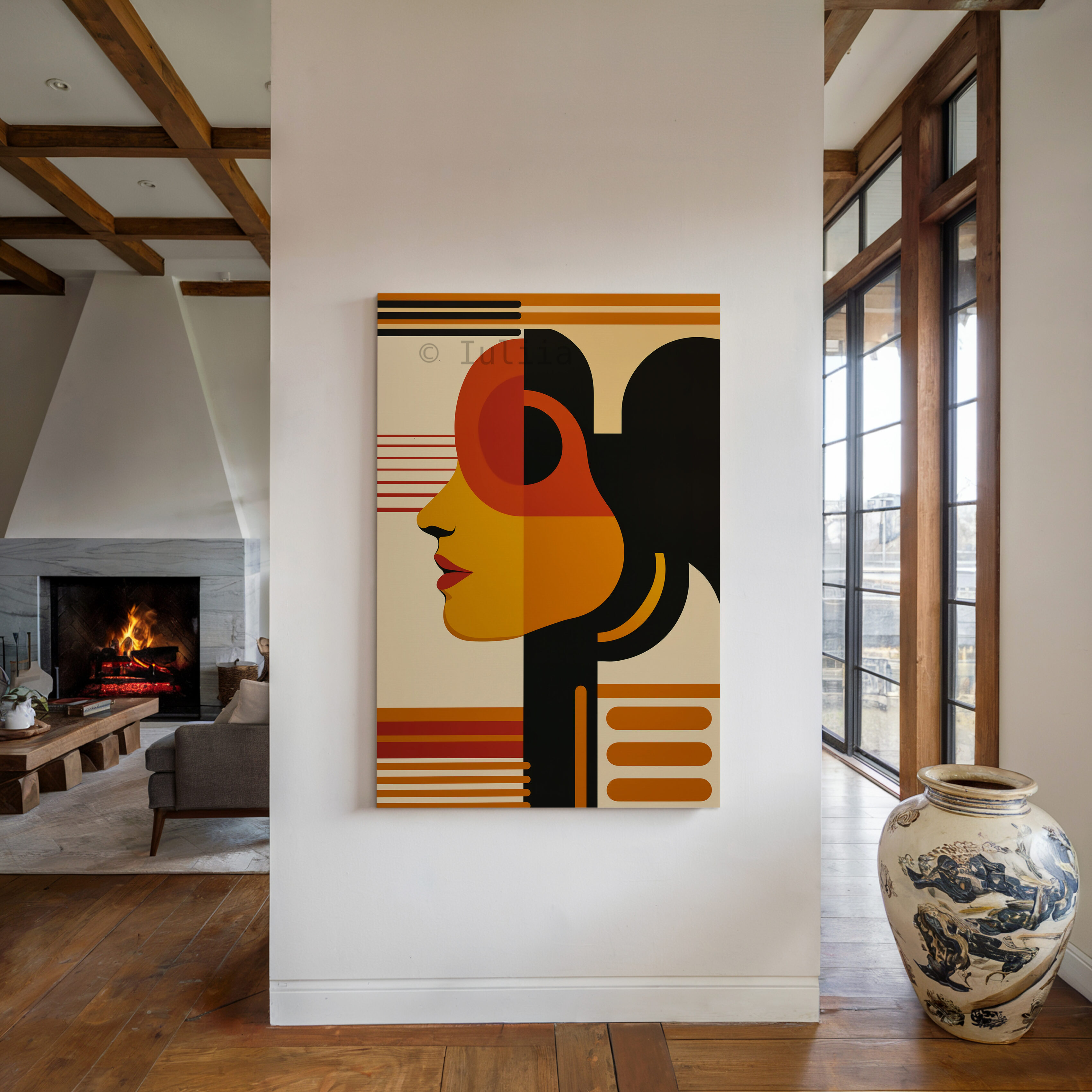 Modern Muse Decor, Bauhaus Portrait Canvas, Retro Female Silhouette, Geometric Character Design, Mid Century Wall Accent - photo #3