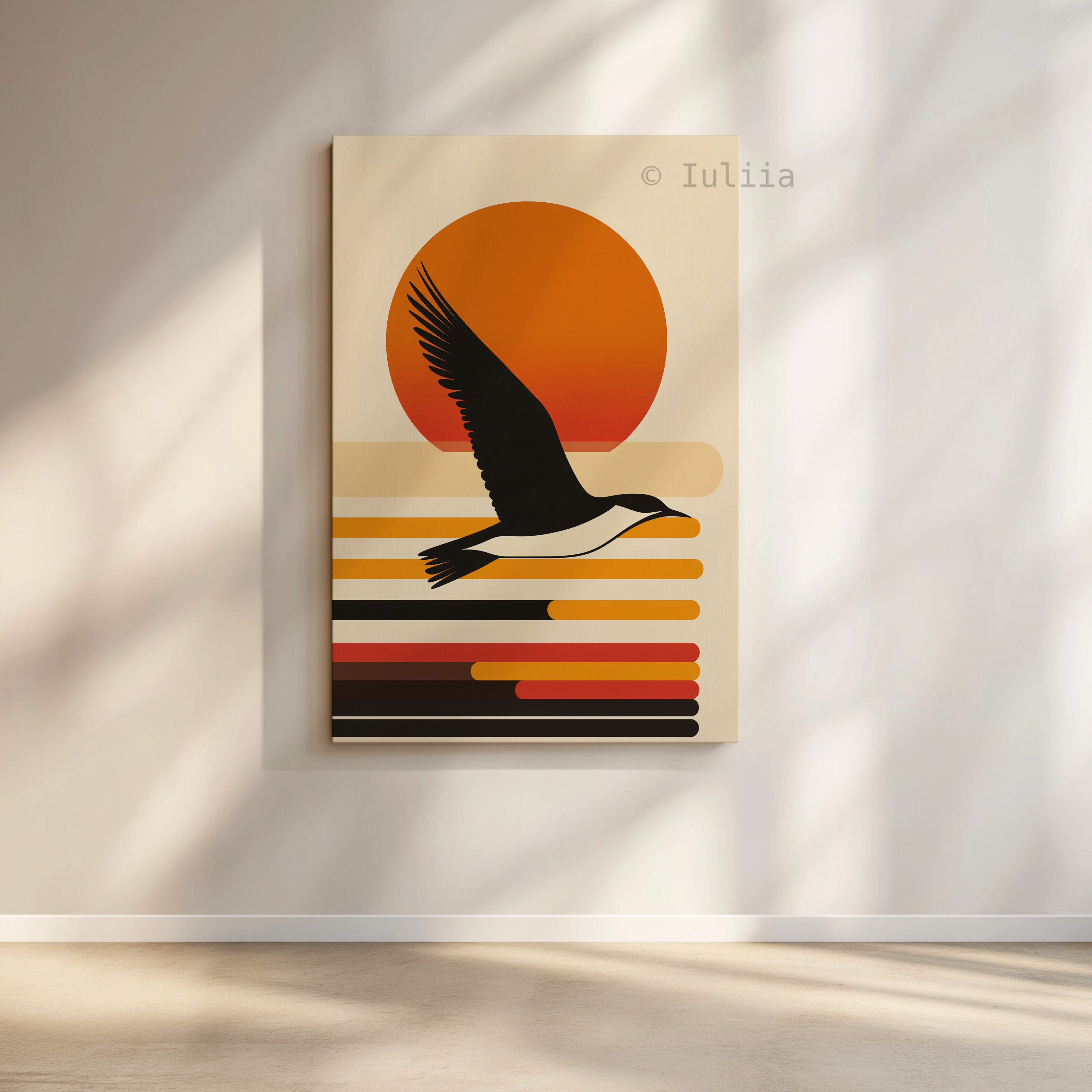 Coastal Sunset Canvas, Flying Bird Silhouette Artwork, Retro Horizon Design, Modern Coastal Decor, Warm Nature Accent