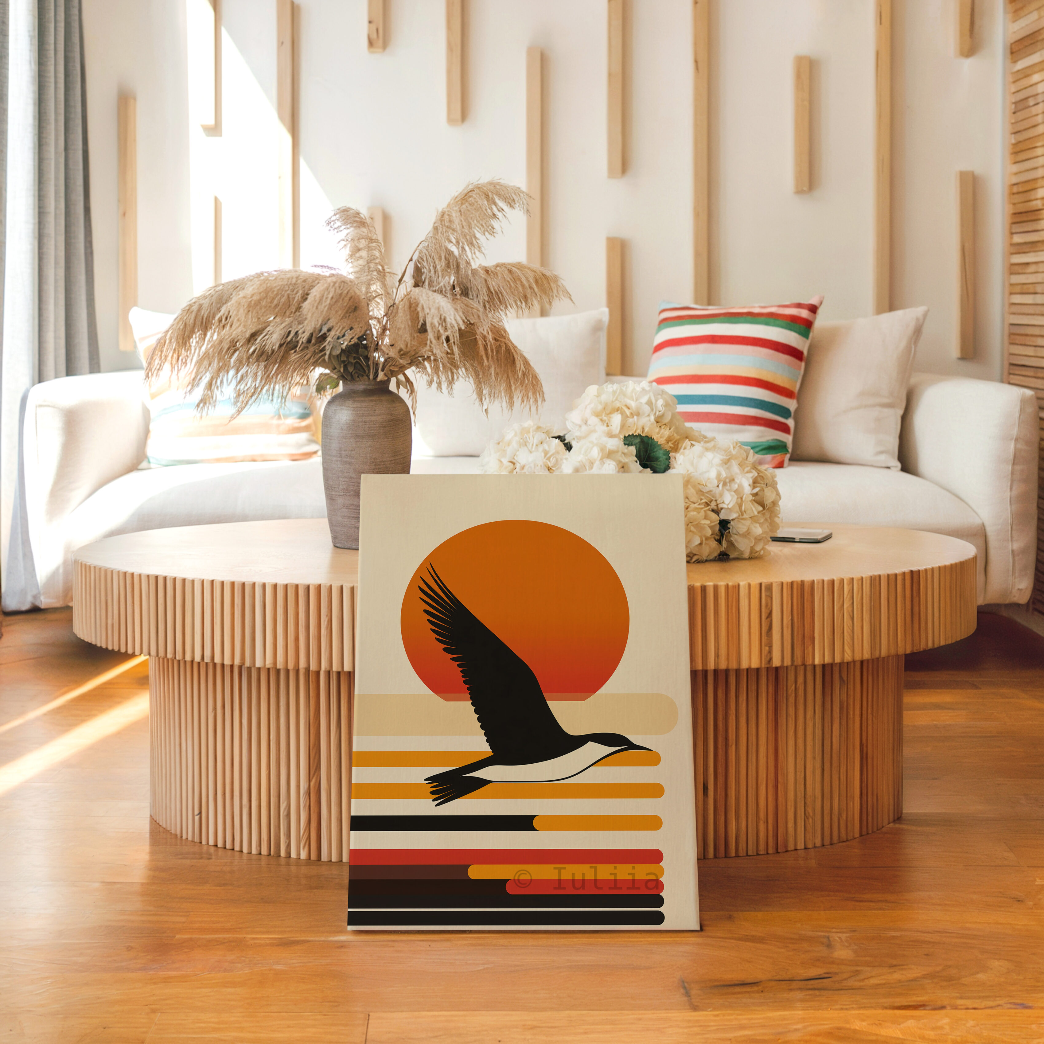 Coastal Sunset Canvas, Flying Bird Silhouette Artwork, Retro Horizon Design, Modern Coastal Decor, Warm Nature Accent - photo #11