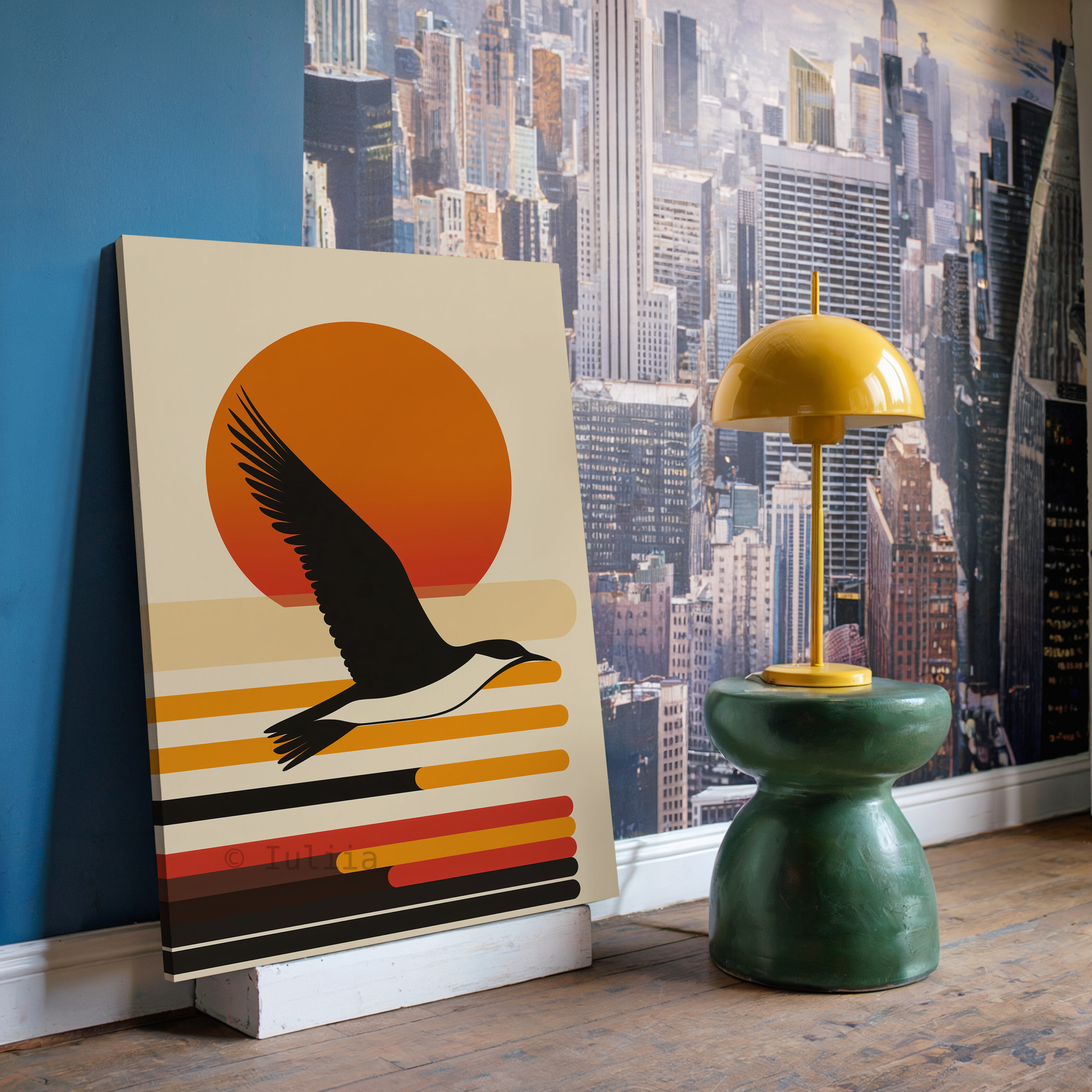 Coastal Sunset Canvas, Flying Bird Silhouette Artwork, Retro Horizon Design, Modern Coastal Decor, Warm Nature Accent - photo #13
