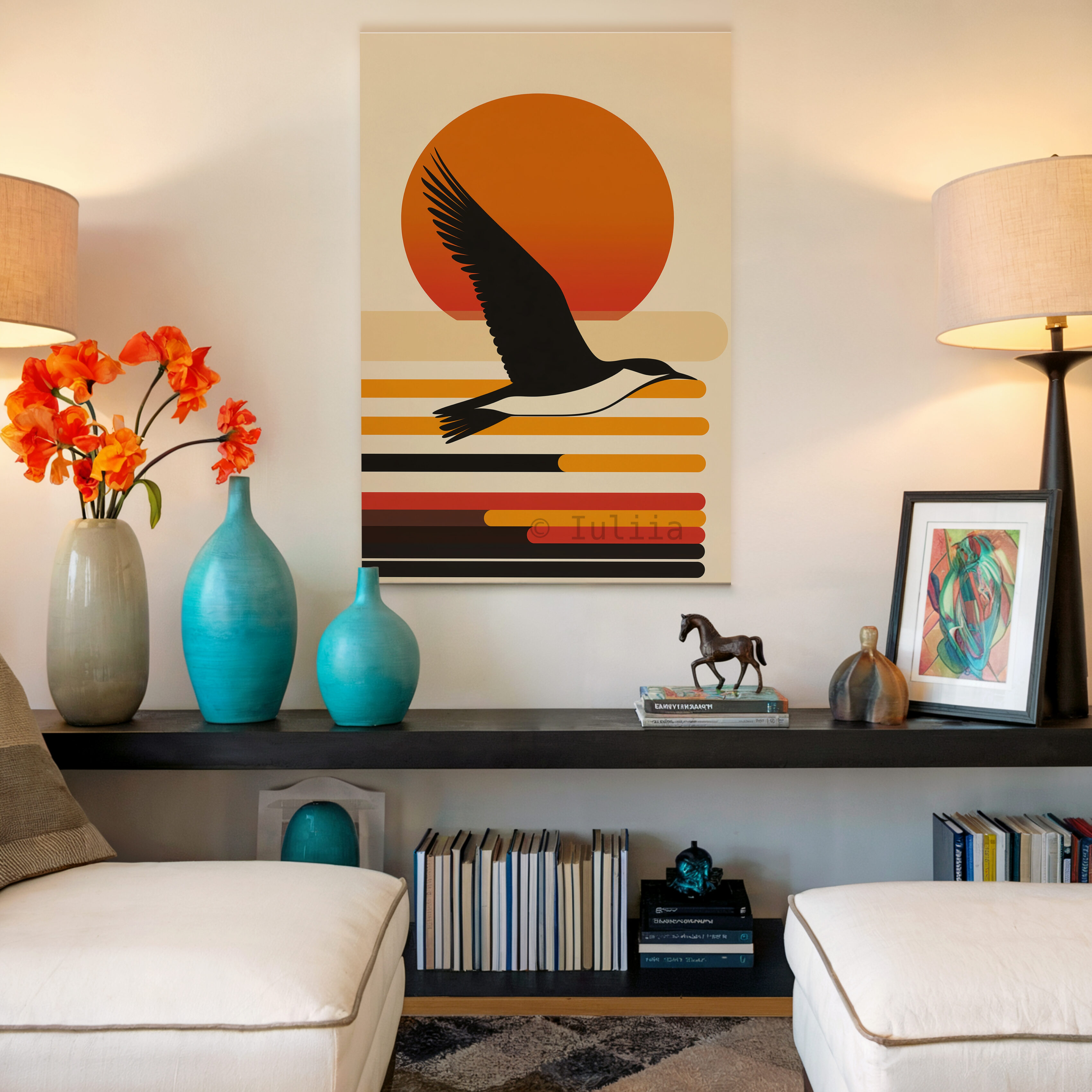 Coastal Sunset Canvas, Flying Bird Silhouette Artwork, Retro Horizon Design, Modern Coastal Decor, Warm Nature Accent - photo #14