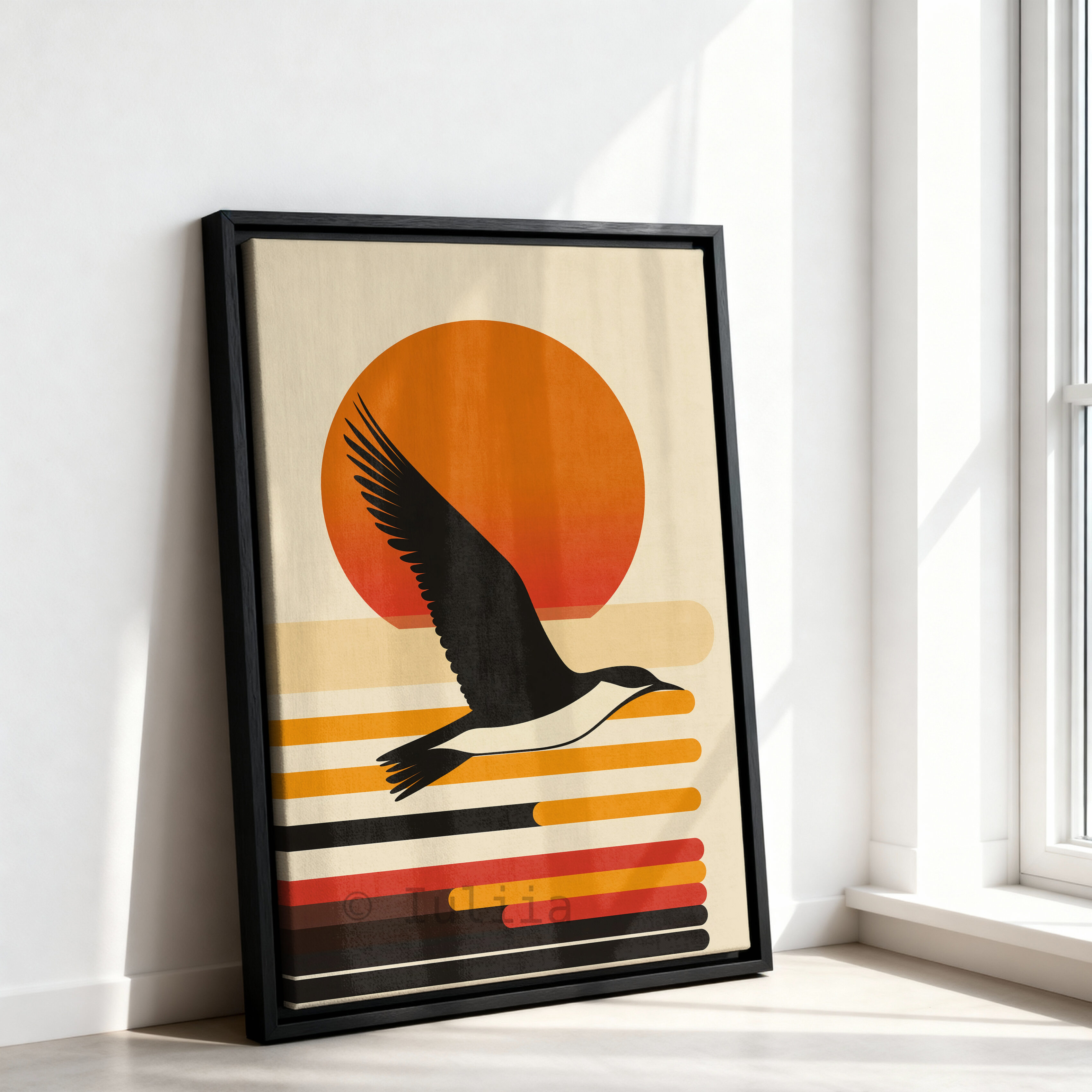 Coastal Sunset Canvas, Flying Bird Silhouette Artwork, Retro Horizon Design, Modern Coastal Decor, Warm Nature Accent - photo #7