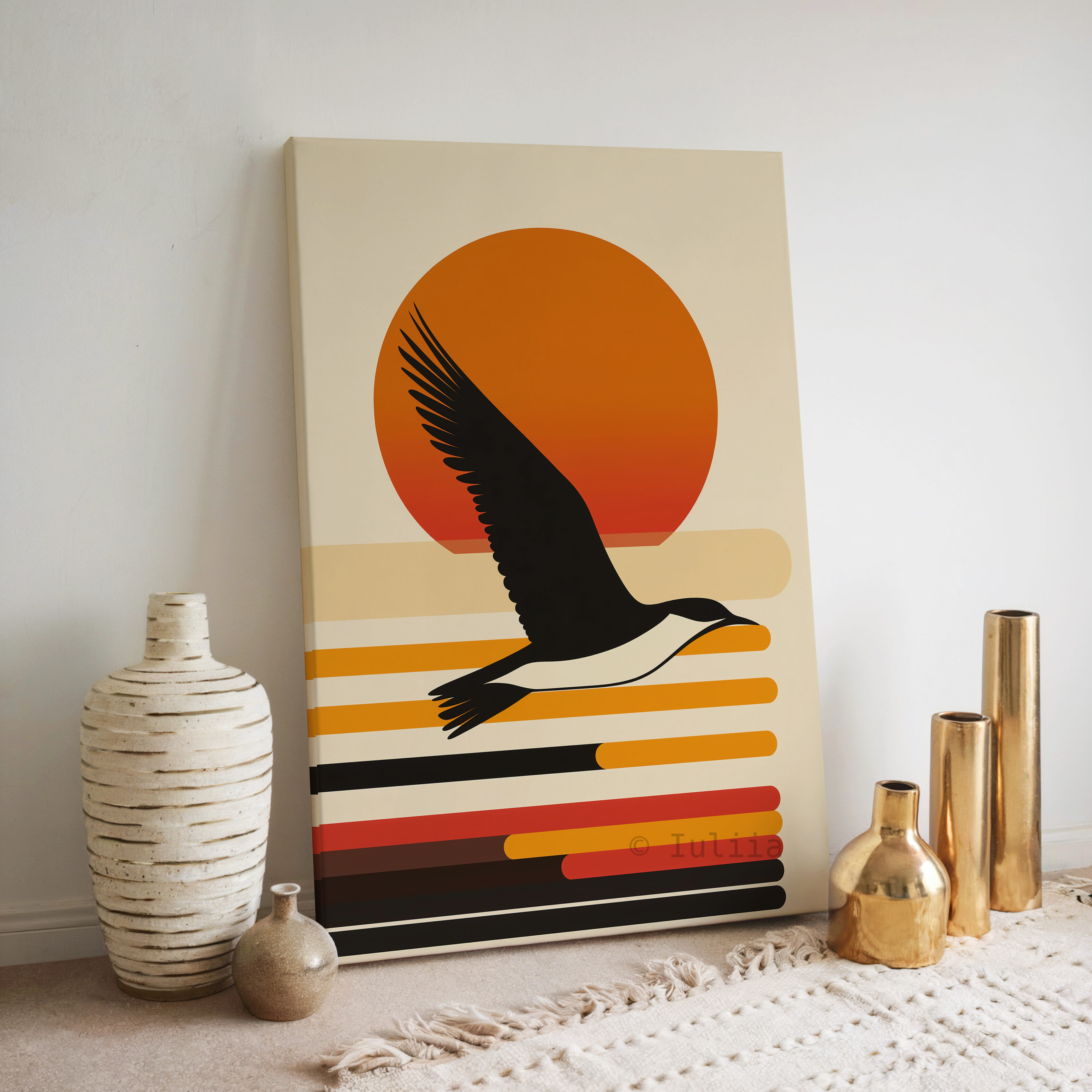 Coastal Sunset Canvas, Flying Bird Silhouette Artwork, Retro Horizon Design, Modern Coastal Decor, Warm Nature Accent - photo #2