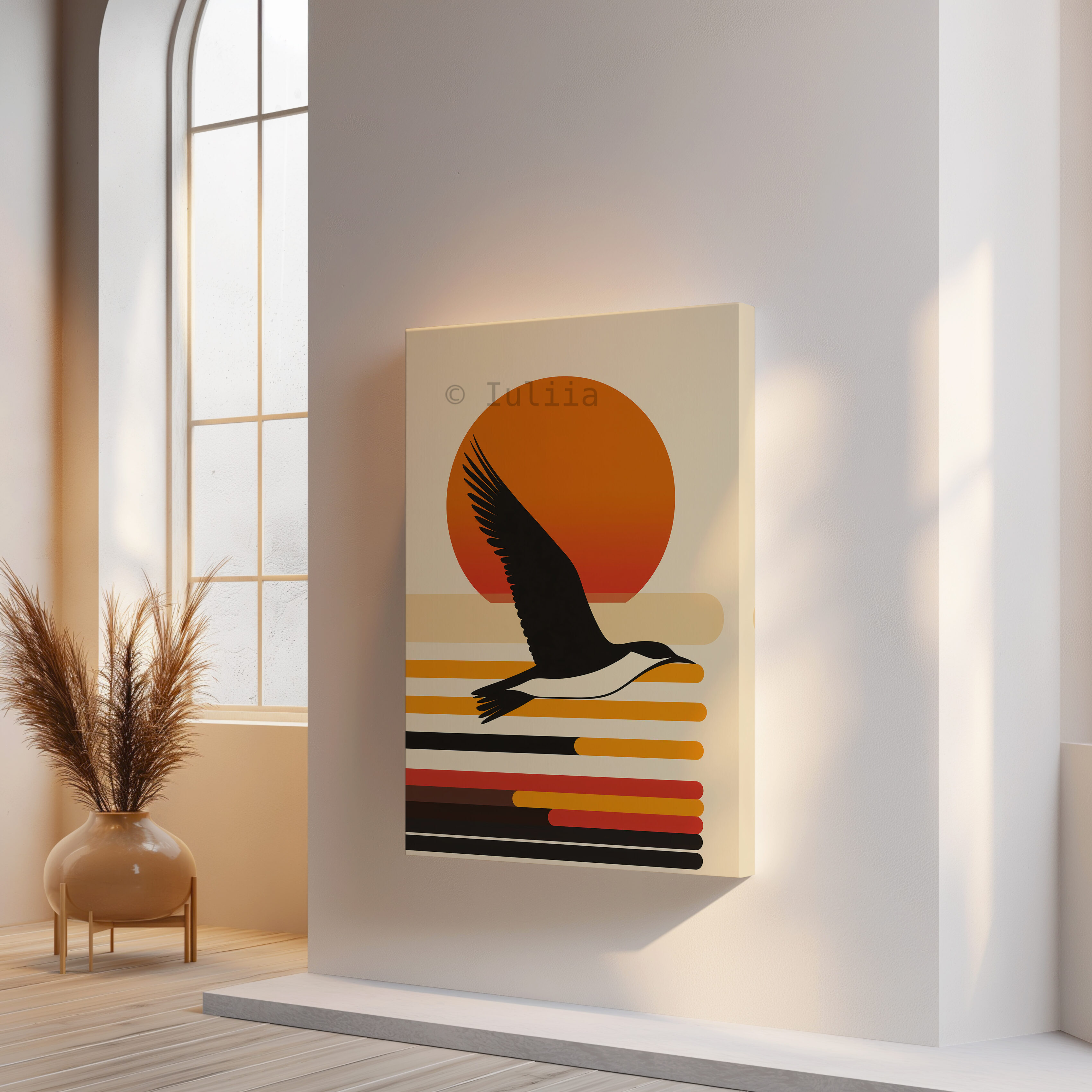 Coastal Sunset Canvas, Flying Bird Silhouette Artwork, Retro Horizon Design, Modern Coastal Decor, Warm Nature Accent - photo #12