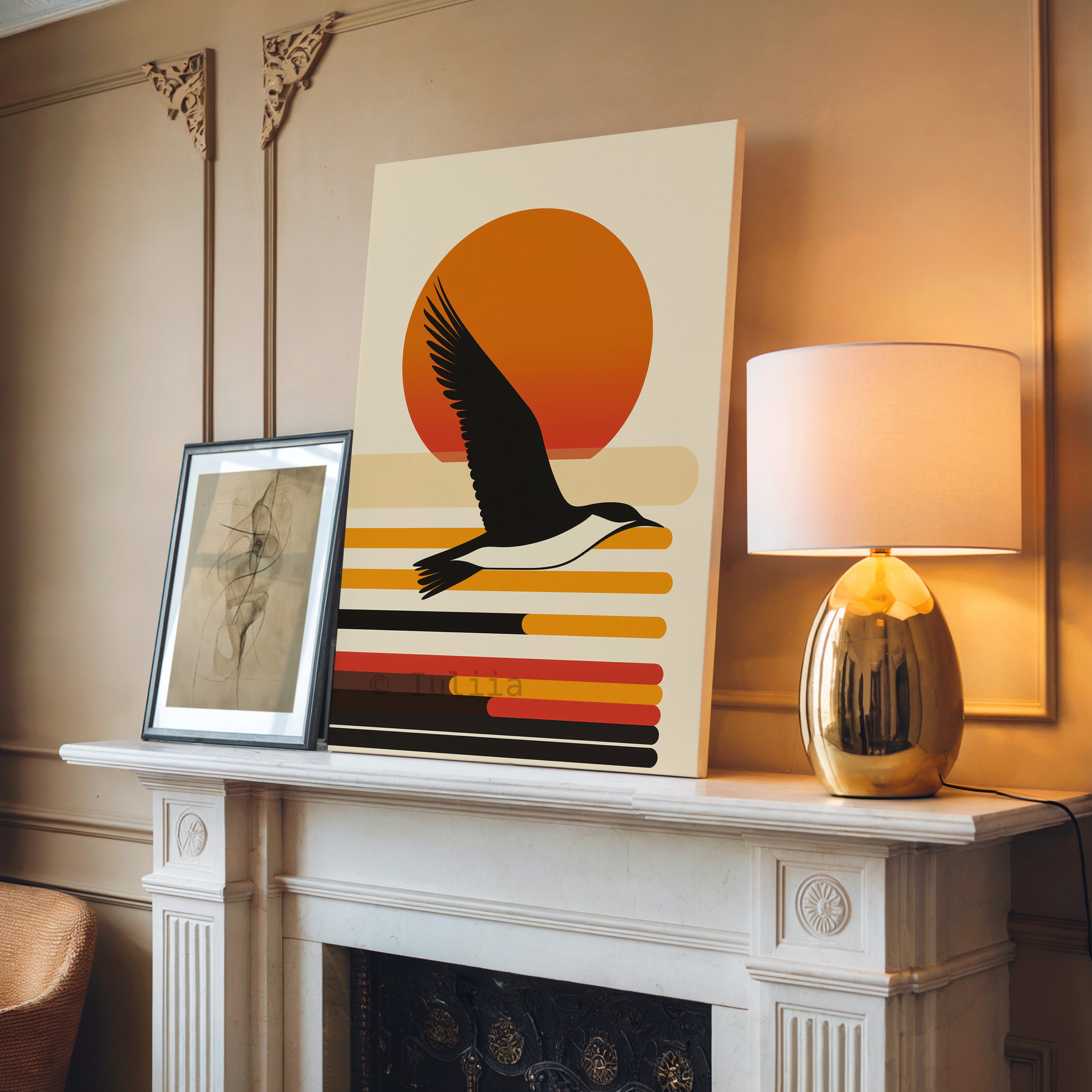Coastal Sunset Canvas, Flying Bird Silhouette Artwork, Retro Horizon Design, Modern Coastal Decor, Warm Nature Accent - photo #10