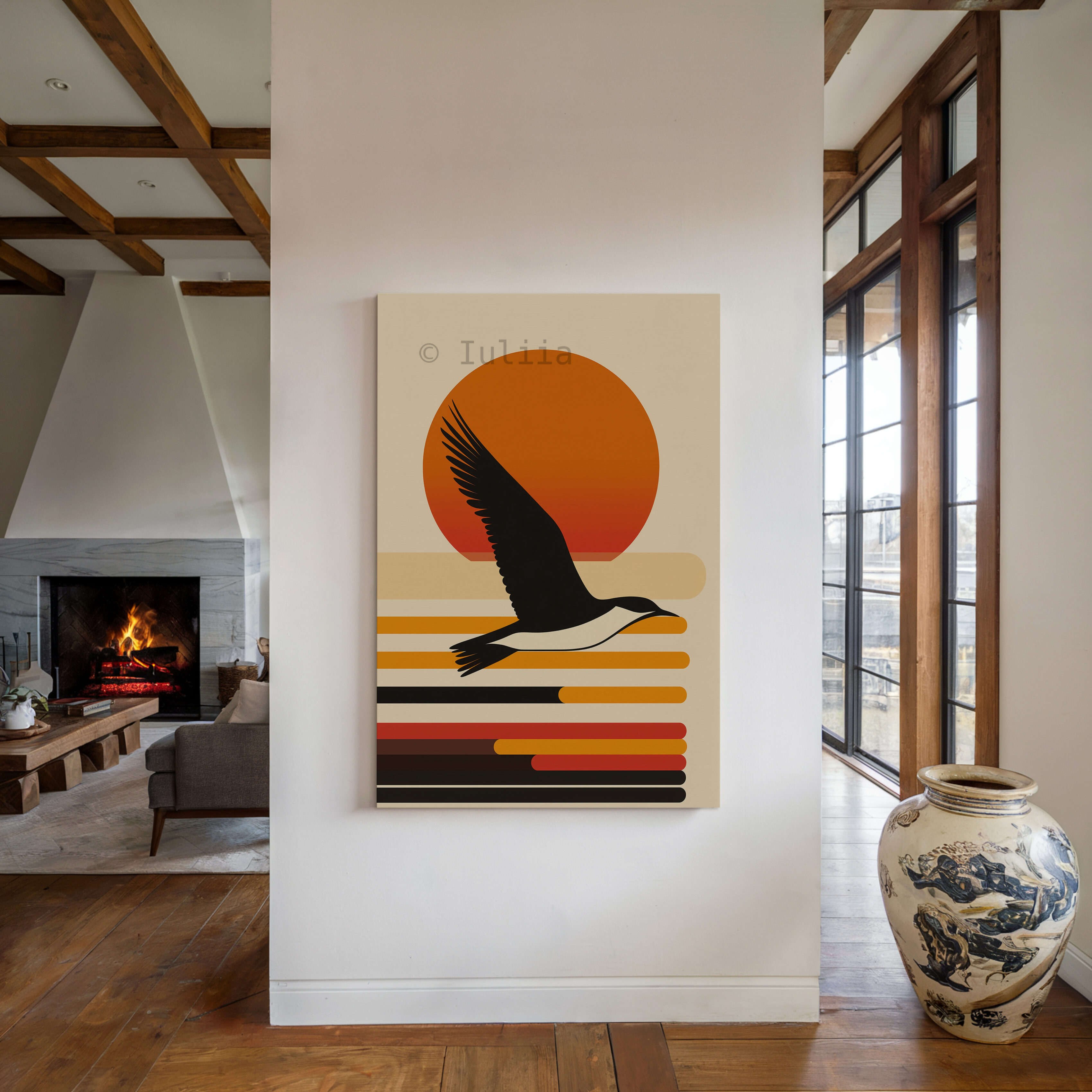 Coastal Sunset Canvas, Flying Bird Silhouette Artwork, Retro Horizon Design, Modern Coastal Decor, Warm Nature Accent - photo #3